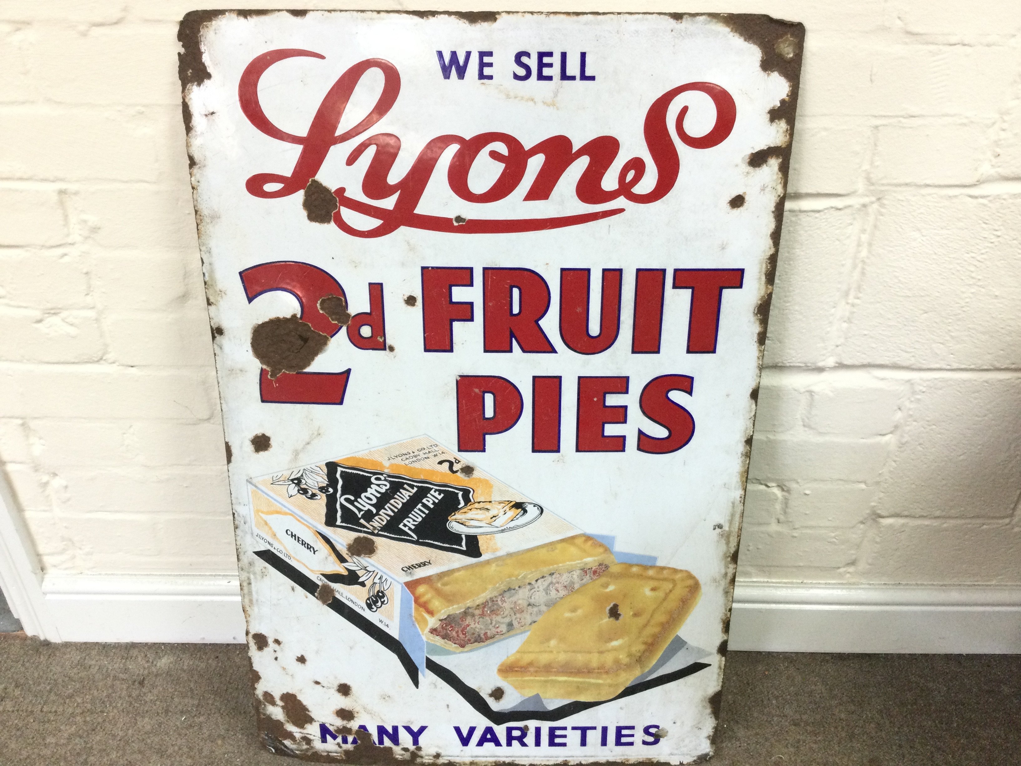Lyons 2d Fruit Pies Enamel Sign 22 x 35 inches approximately