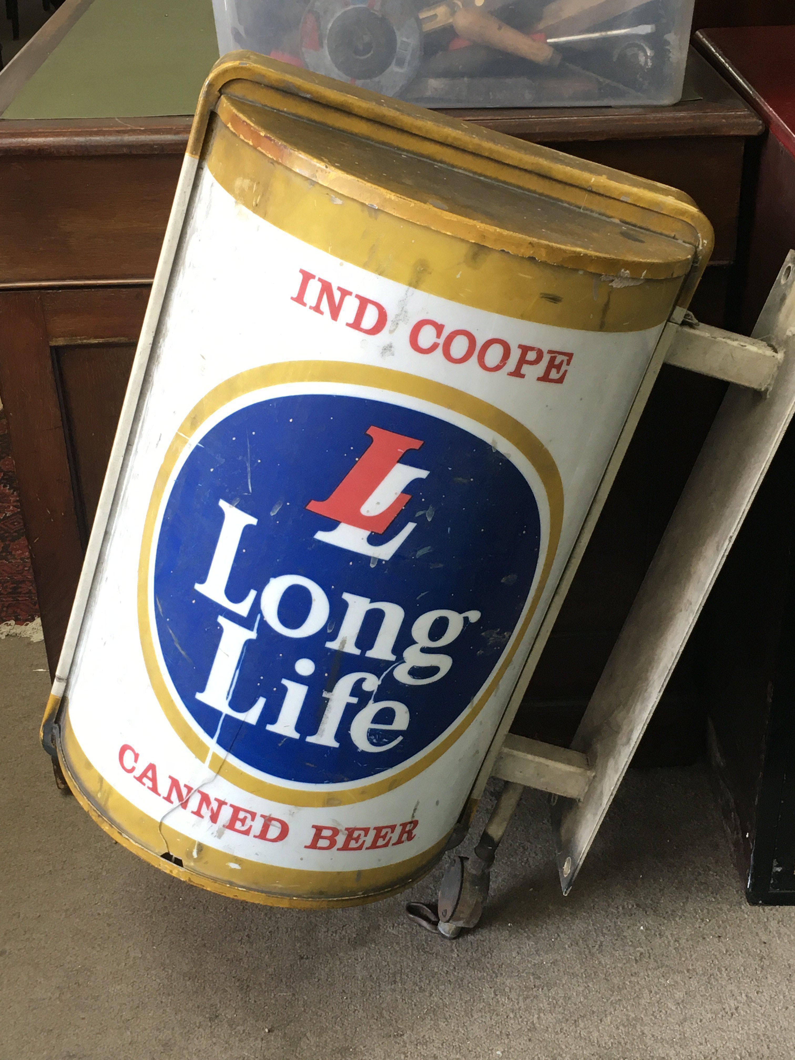 Ind Coope Long Life Canned Beer vintage 3D advertising sign . 60cm tall, 51cm wide including mount. This lot cannot be posted