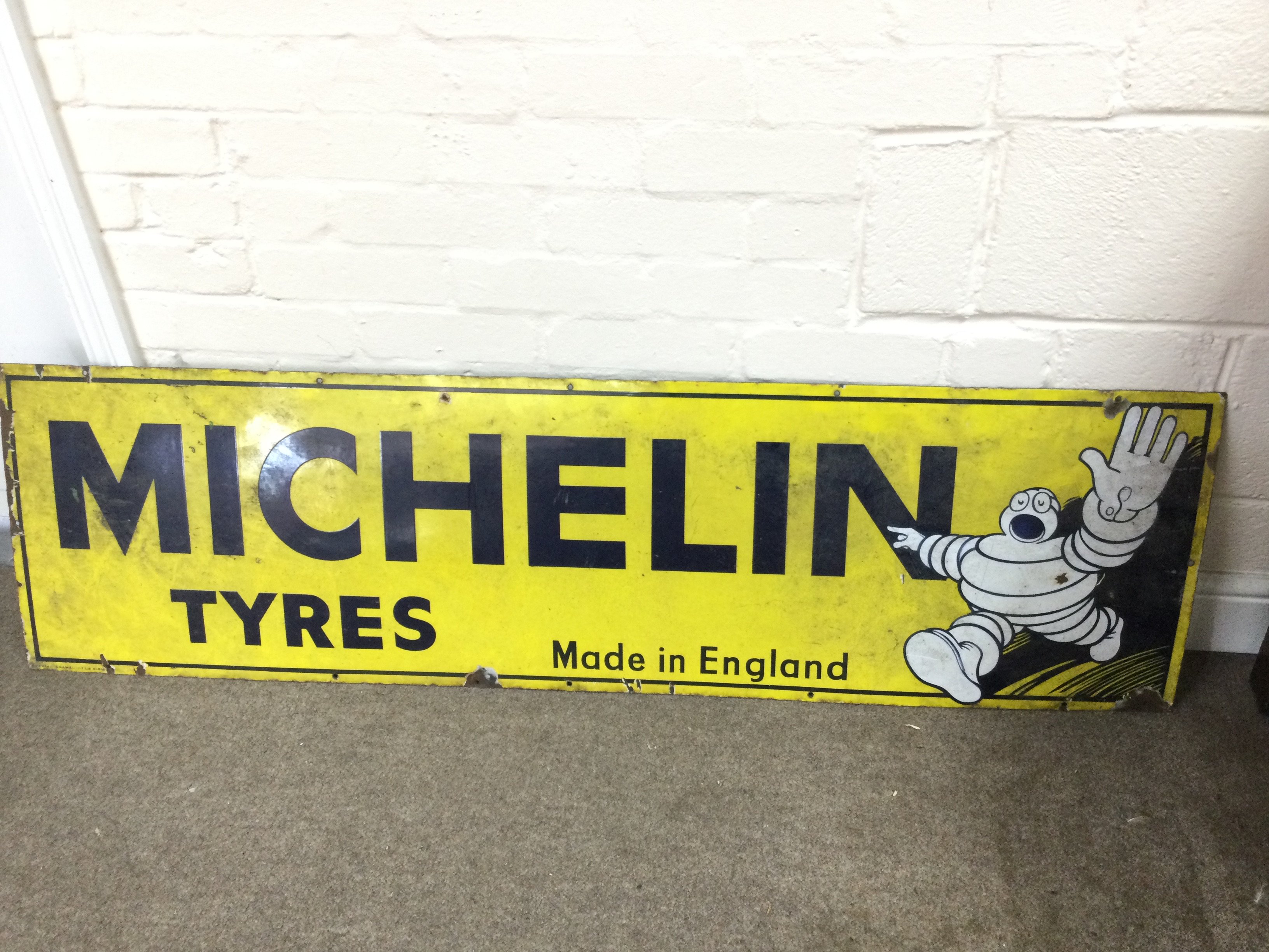 Michelin Tyres English Made Enamel Advertising Sign 57.5 x 16 inches approximately