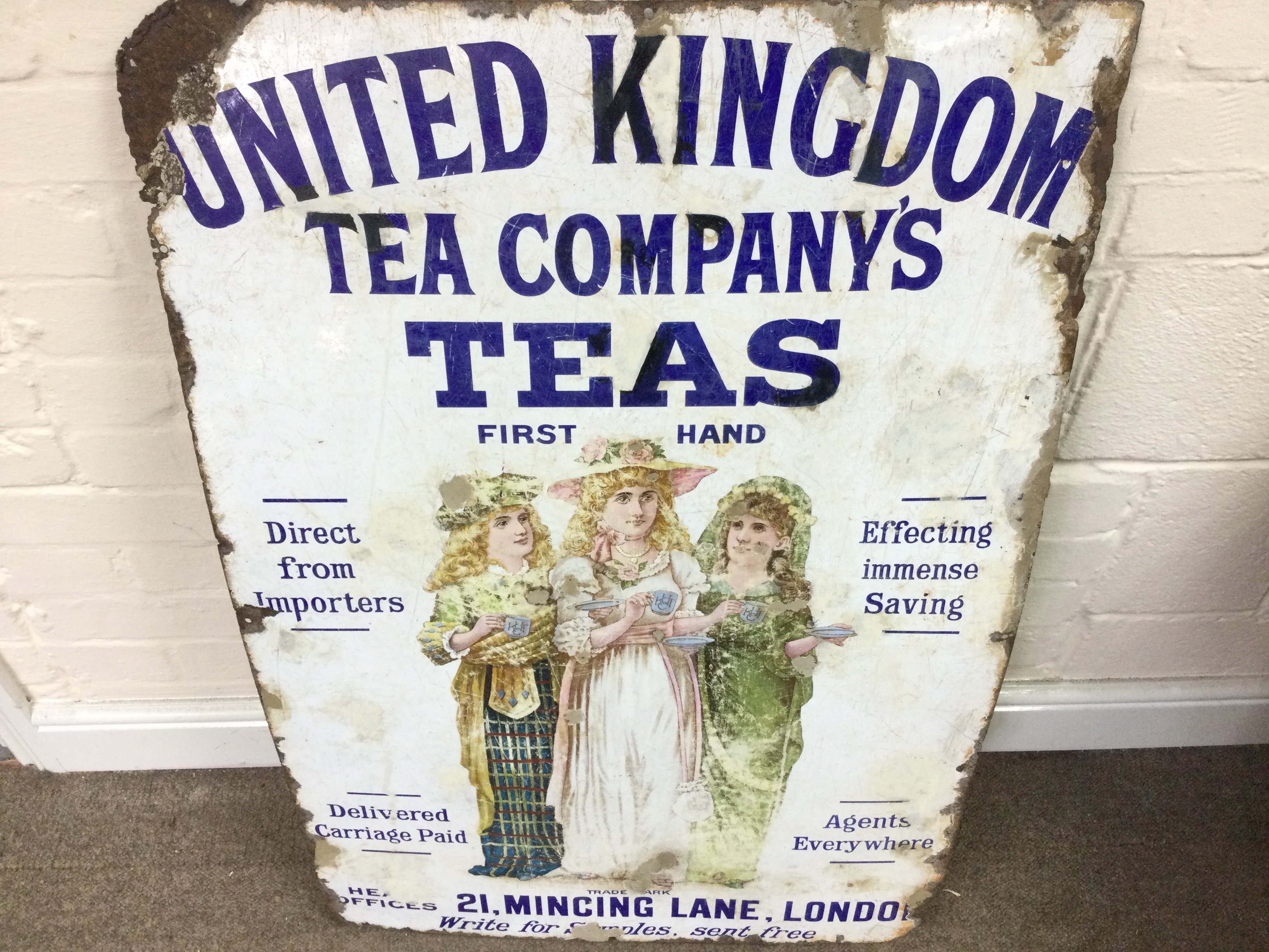 UNITED KINGDOM TEA COMPANYS DELICIOUS TEAS ENAMEL SIGN 24 x 36 inches approximately