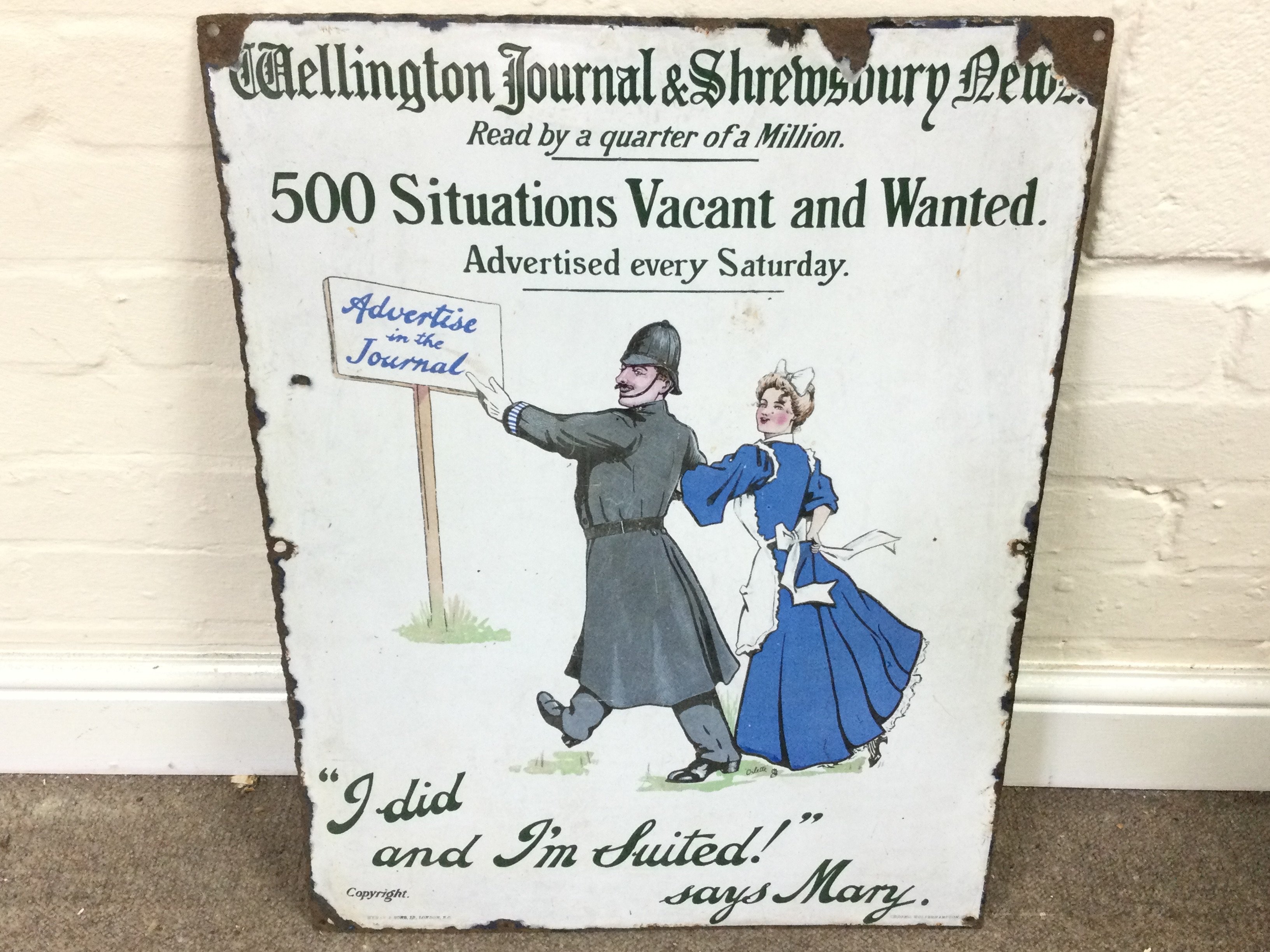 Wellington journal and Shrewsbury news advertising sign 19 x 25 inches approximately