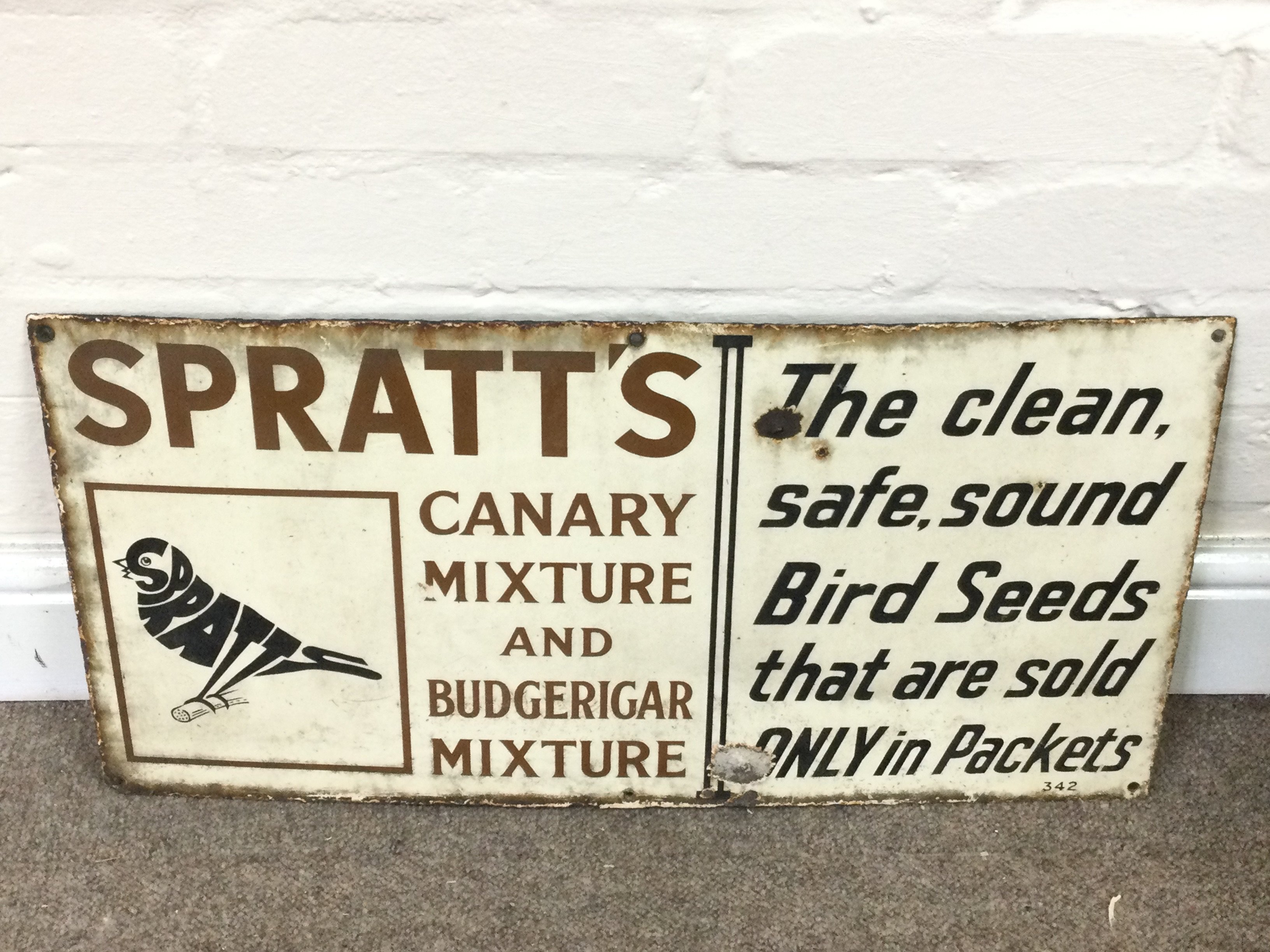 SPRATT'S BIRD SEED ENAMEL SIGN 24 x 12 inches