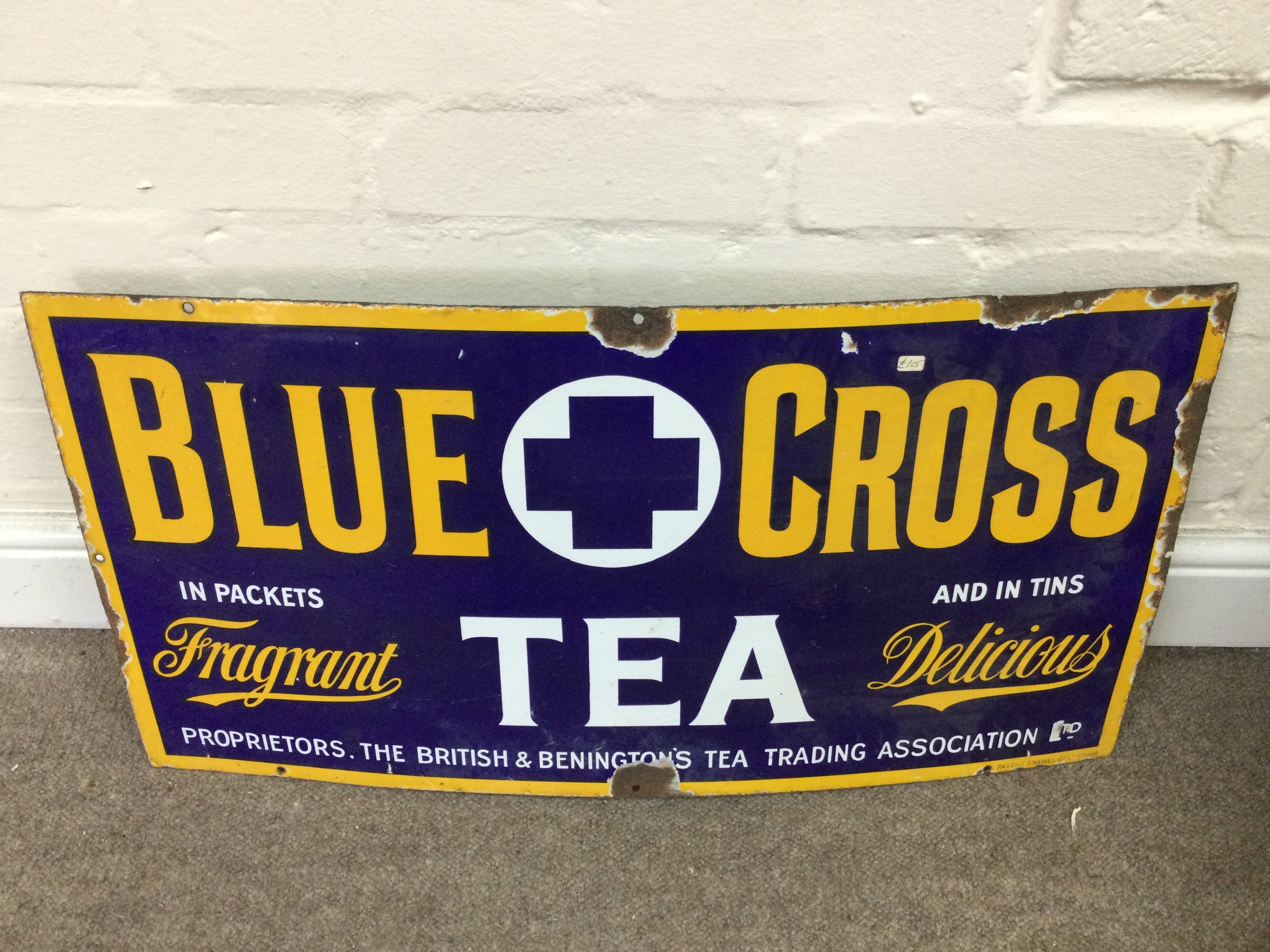 Blue Cross' Tea Enamel Sign 28 x 15 inches approximately