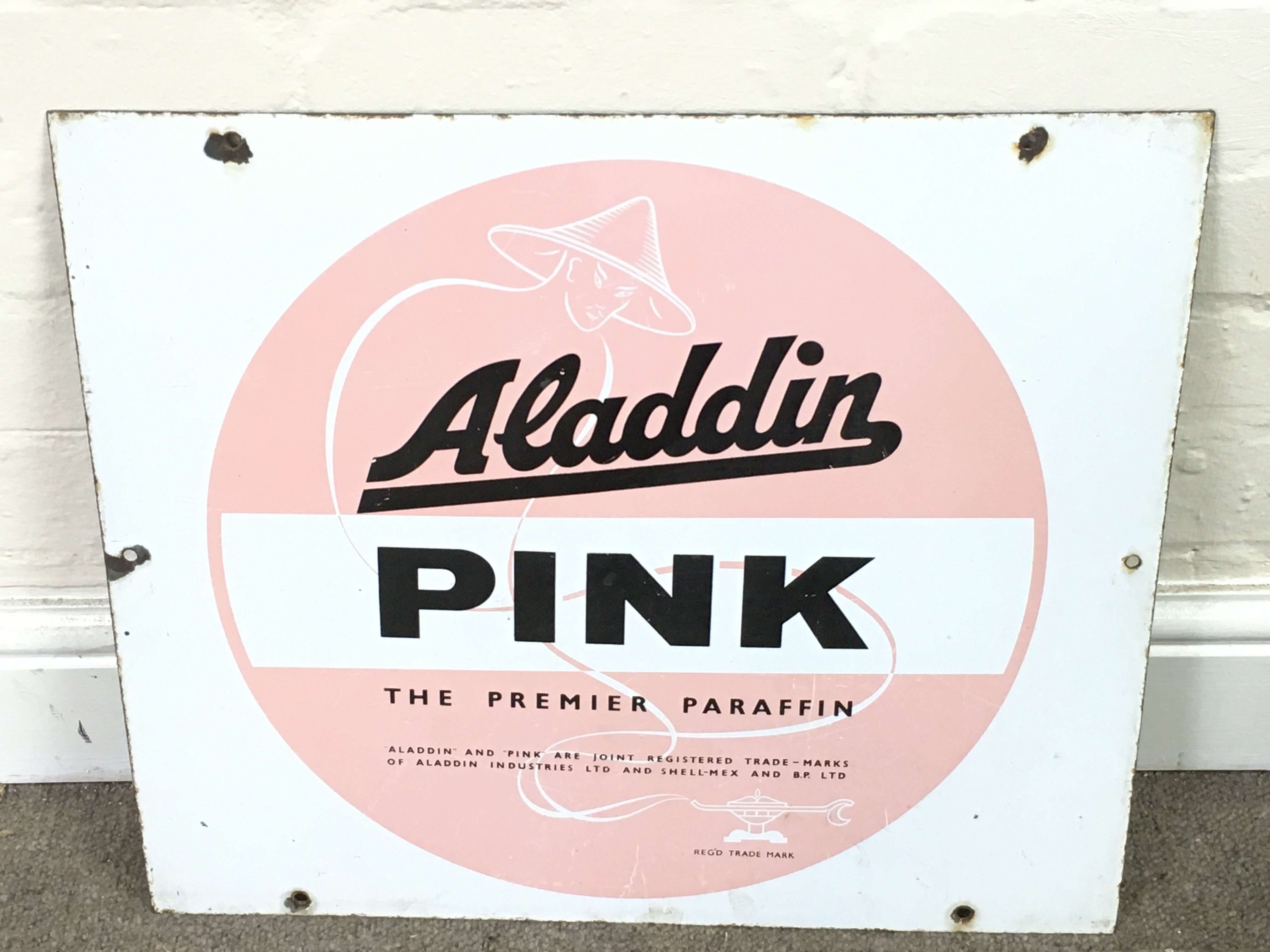 enamel advertising sign Aladdin Pink The Premier Paraffin 19 x 16.5 inches approximately