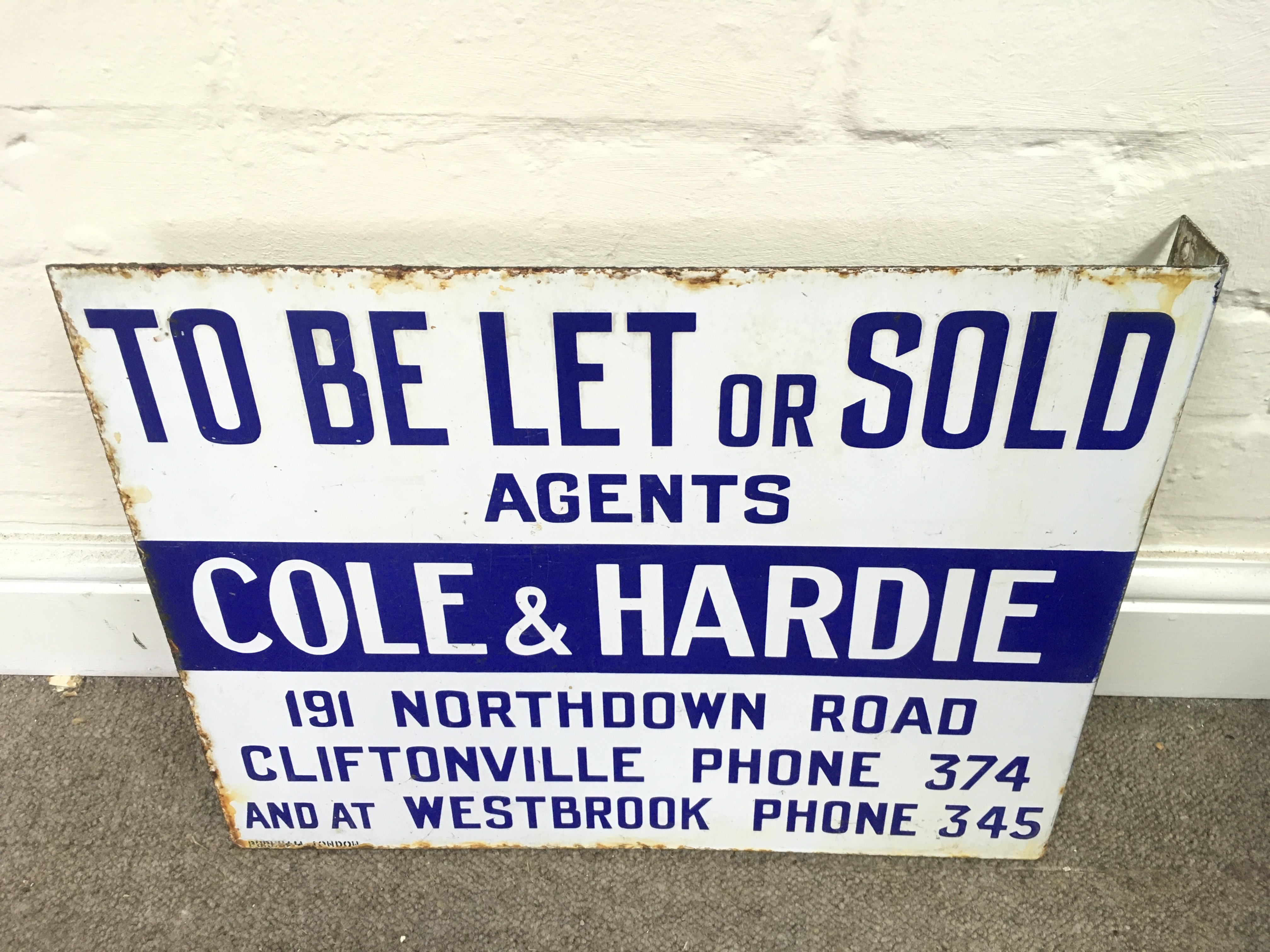Flanged enamel sign for the estate agents "Cole & Hardie" advertising properties "To Be Let or Sold 18 x 14 inches approximately
