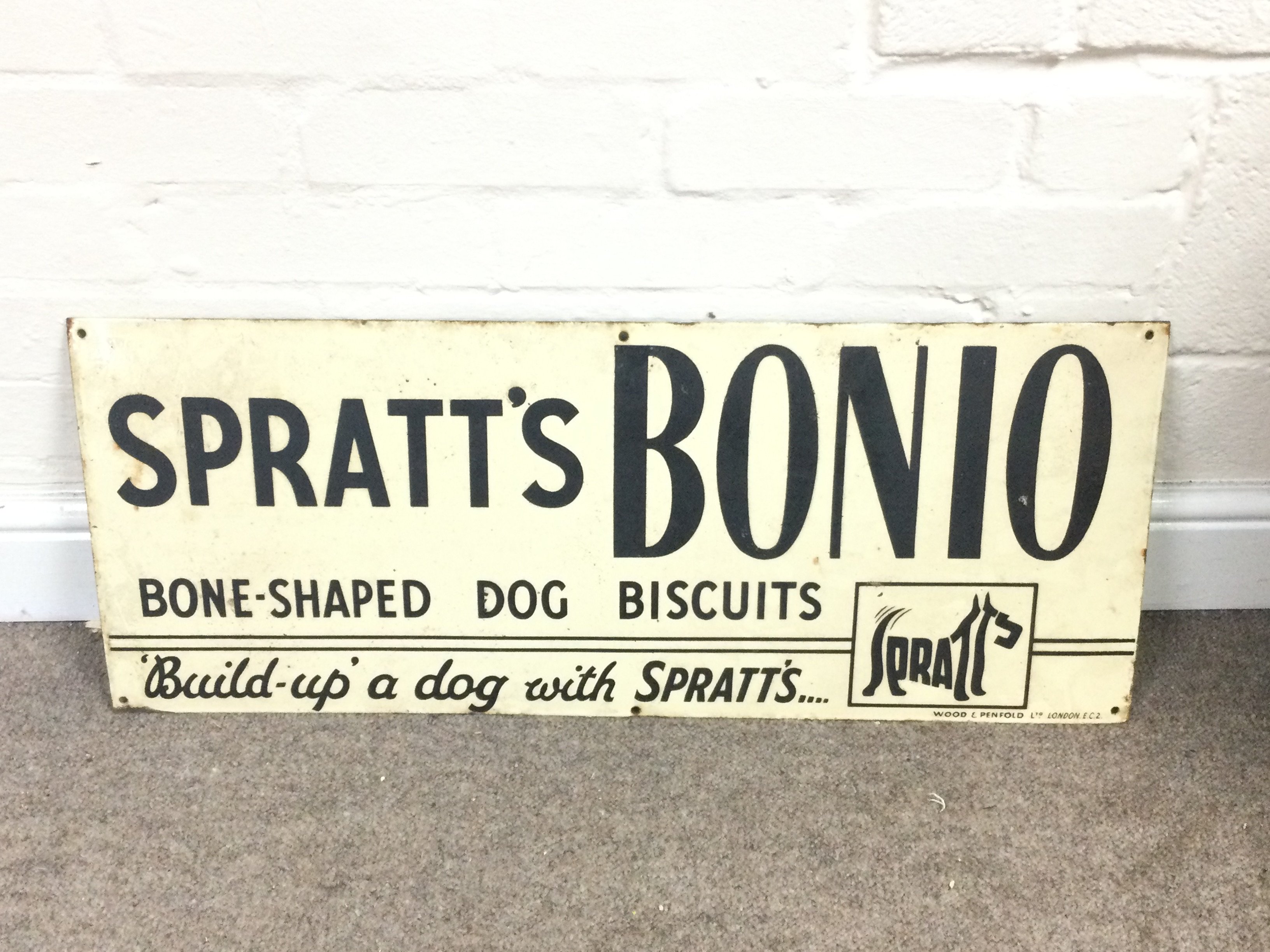 Spratts Bonio Bone Shaped Dog Biscuits Enamel Sign 30 x 12 inches approximately