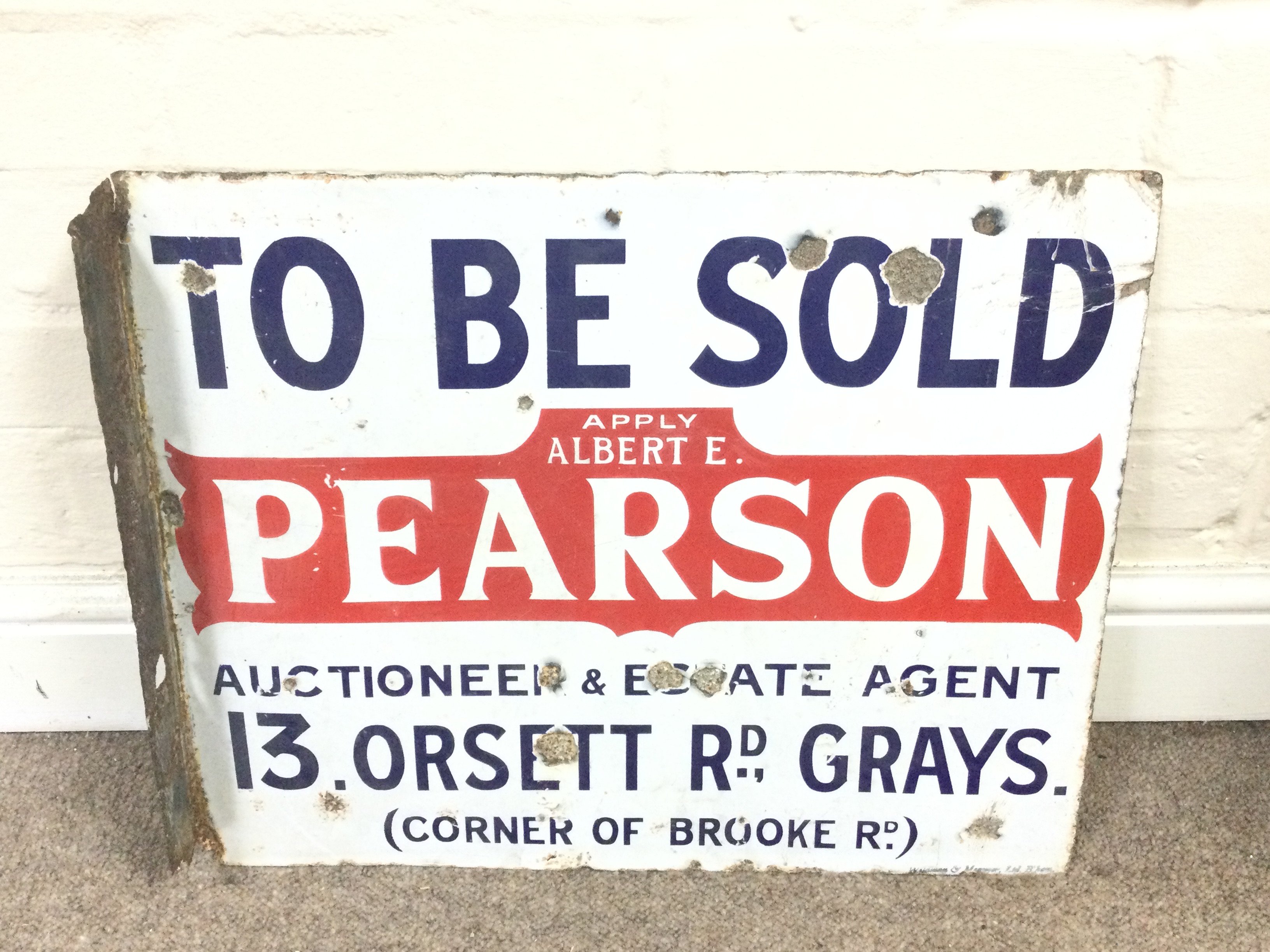A Albert Pearson to be sold flanged enamel sign. 20 x 16 inches approximately