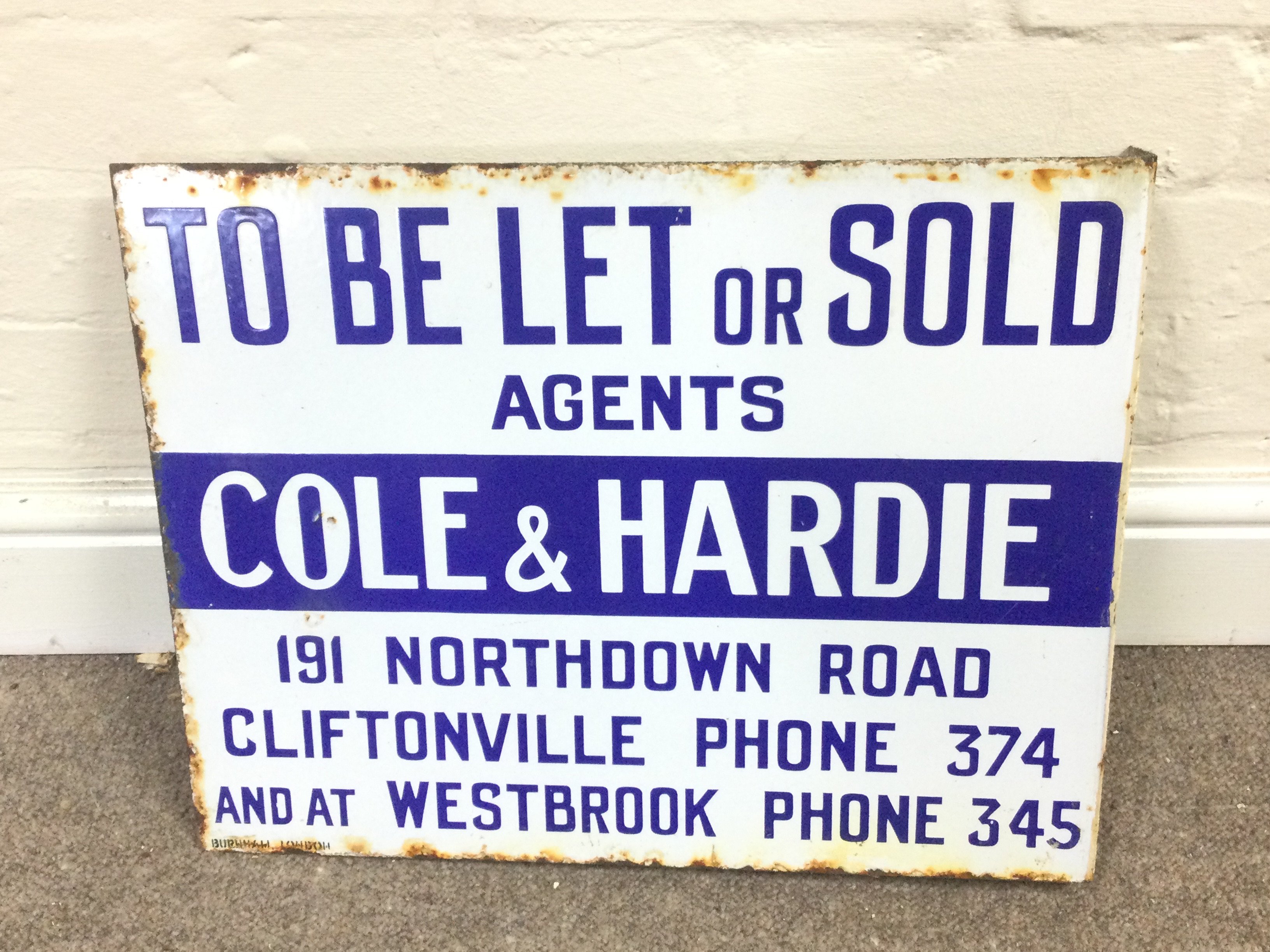 Flanged enamel sign for the estate agents "Cole & Hardie" advertising properties "To Be Let or Sold 18 x 14 inches approximately