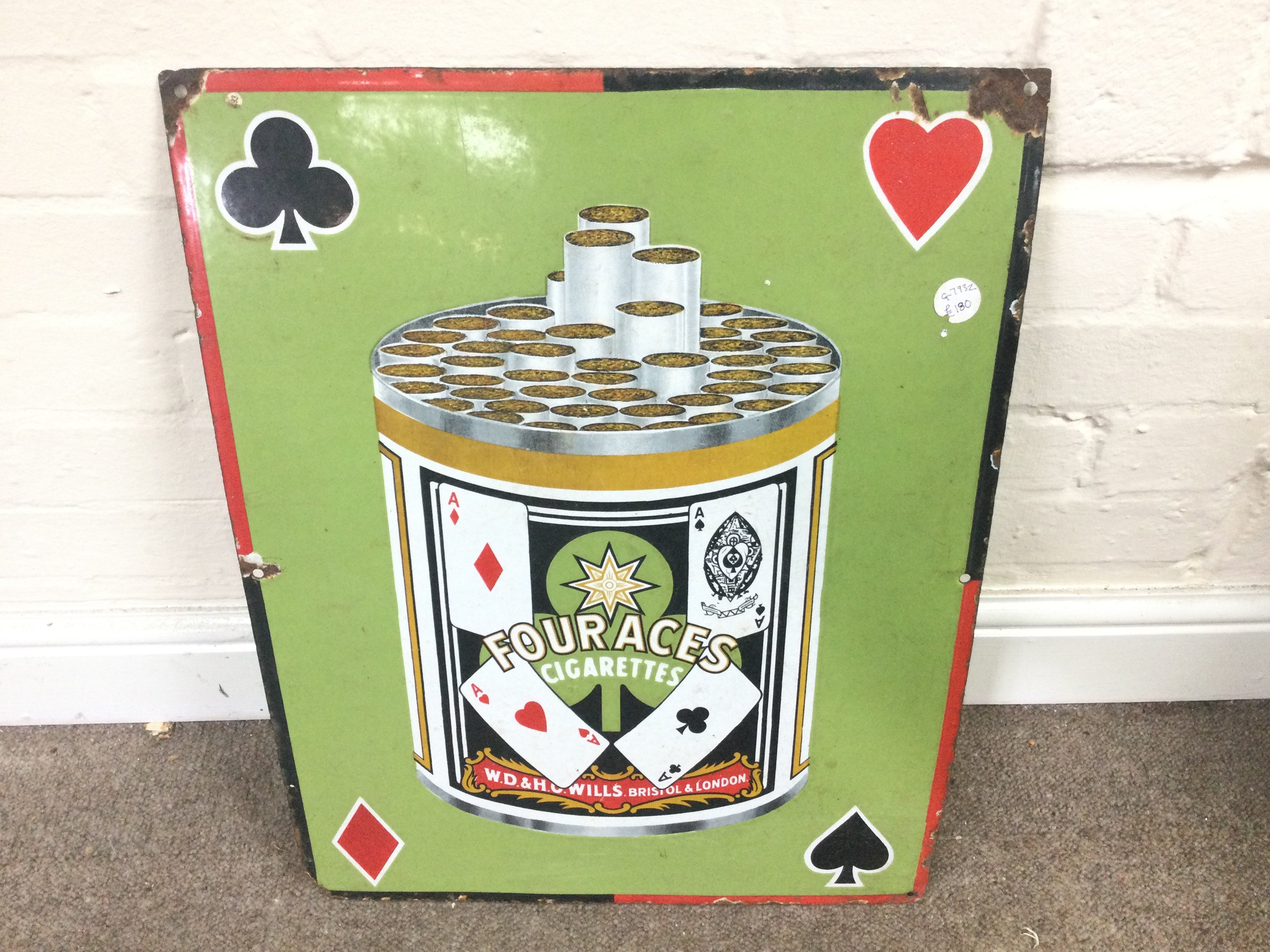 Vintage Four Aces Enamel Cigarette Sign 17 x 22 inches approximately