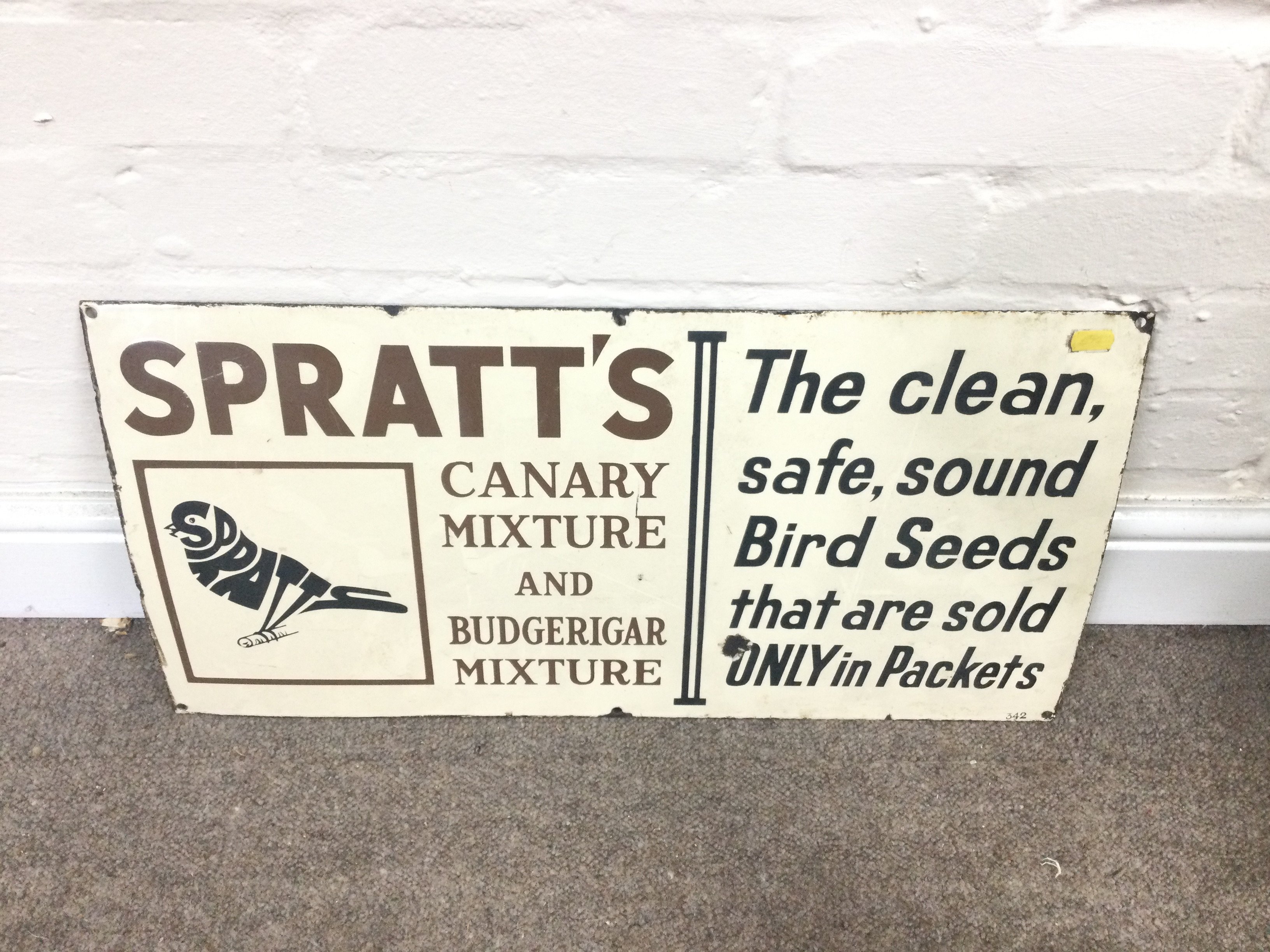 SPRATT'S BIRD SEED ENAMEL SIGN 24 x 12 inches