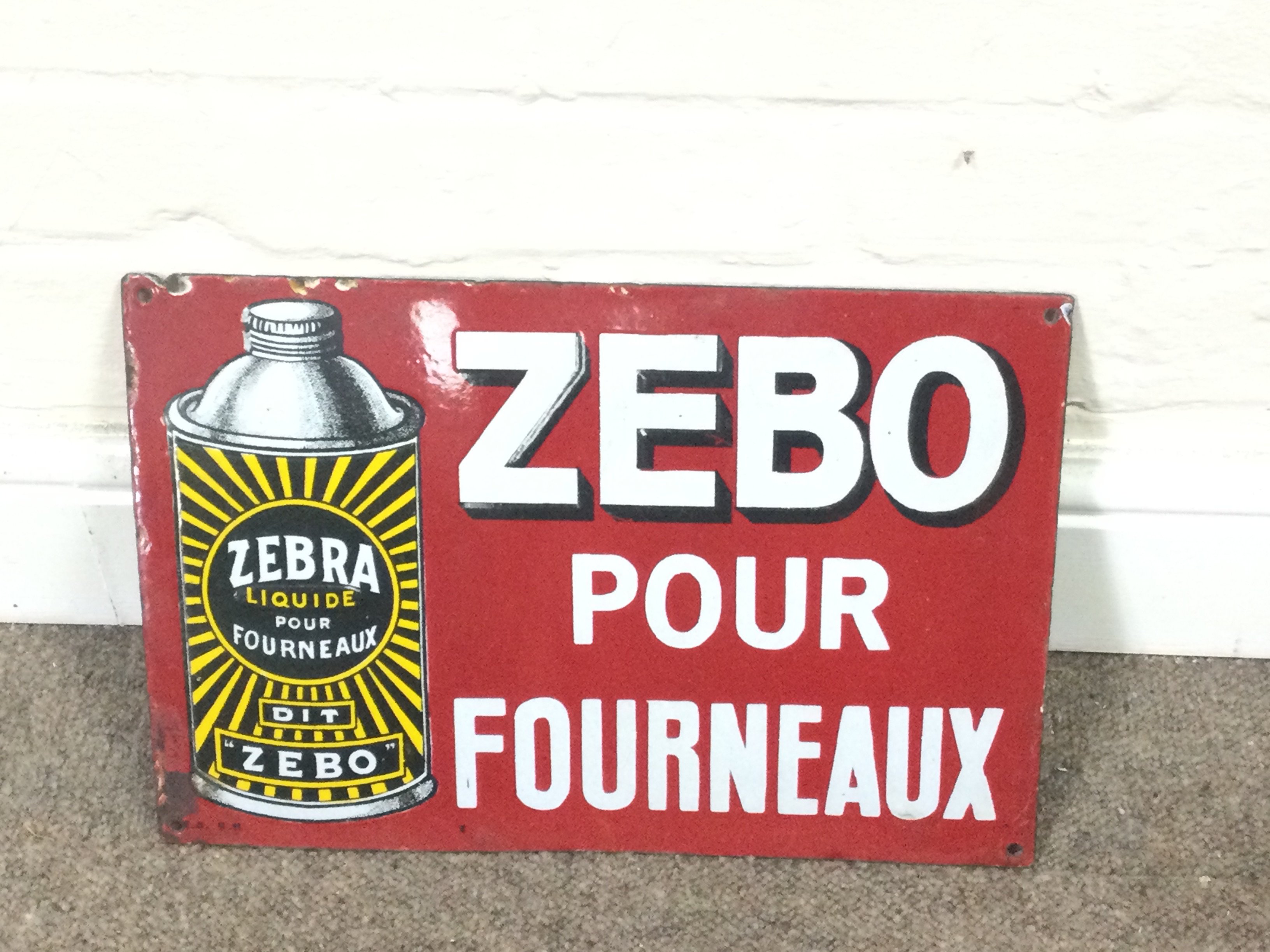 ZEBO FOR STOVES. FLAT ENAMELLED SHEET METAL SIGN 14.5 x 10 inches approximately