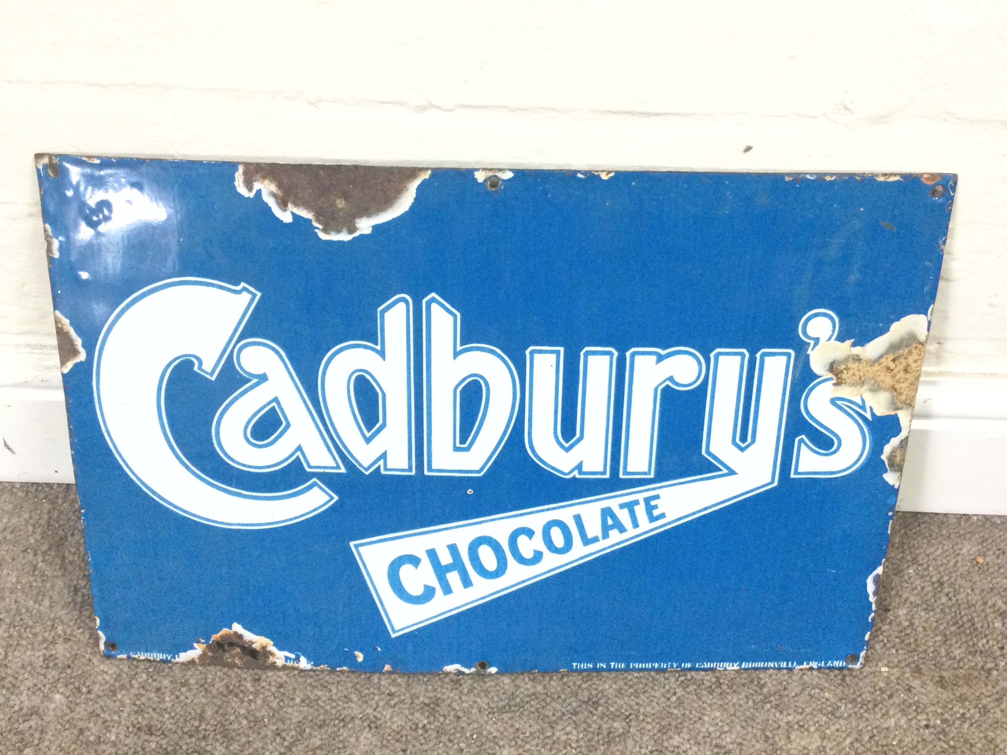 CADBURY'S CHOCOLATE ENAMEL METAL SHOP SIGN 18 x 12 inches approximately