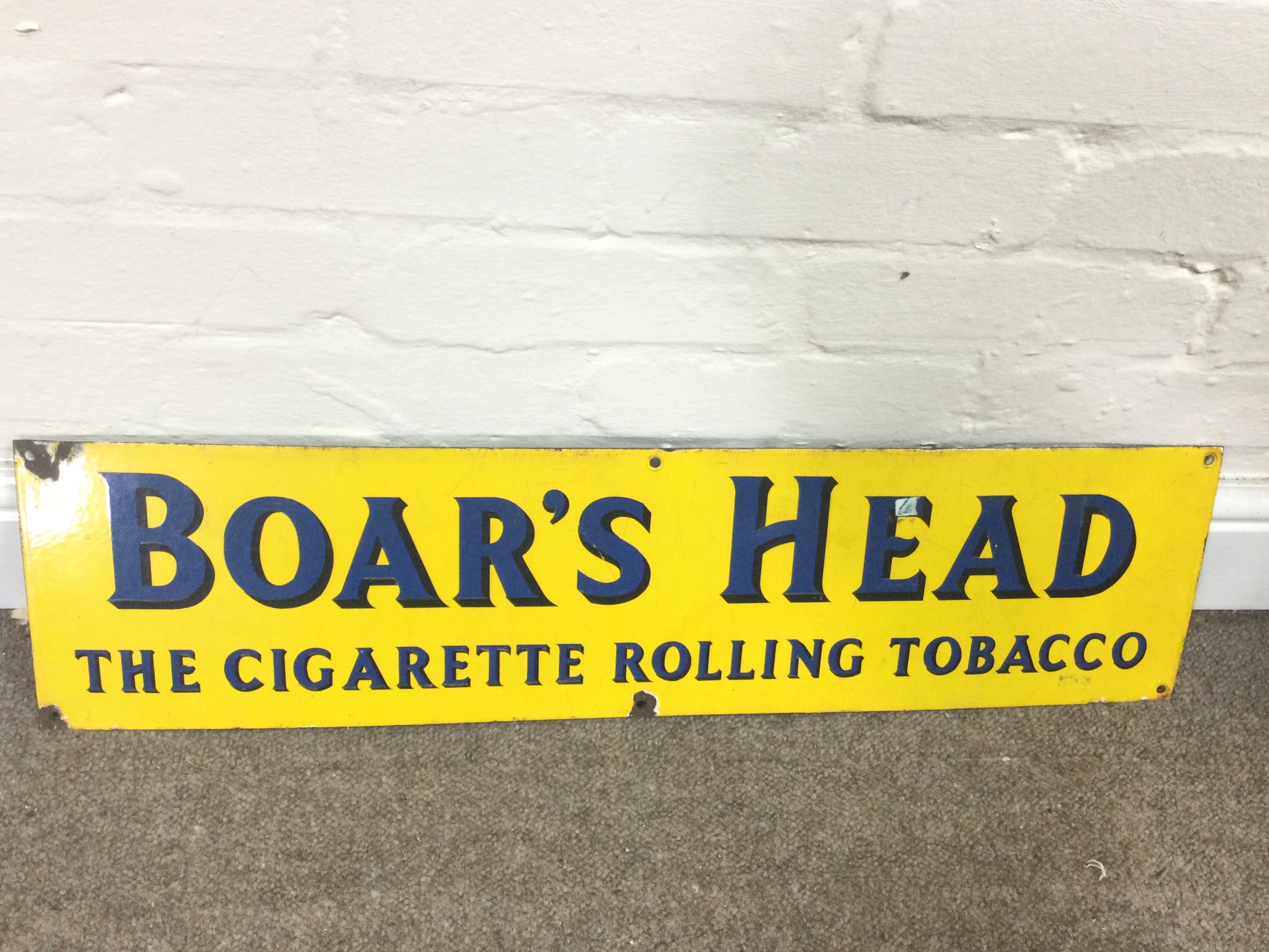 Smoke "Boar's Head" rolling Tobacco sign. 28 x 7 inches