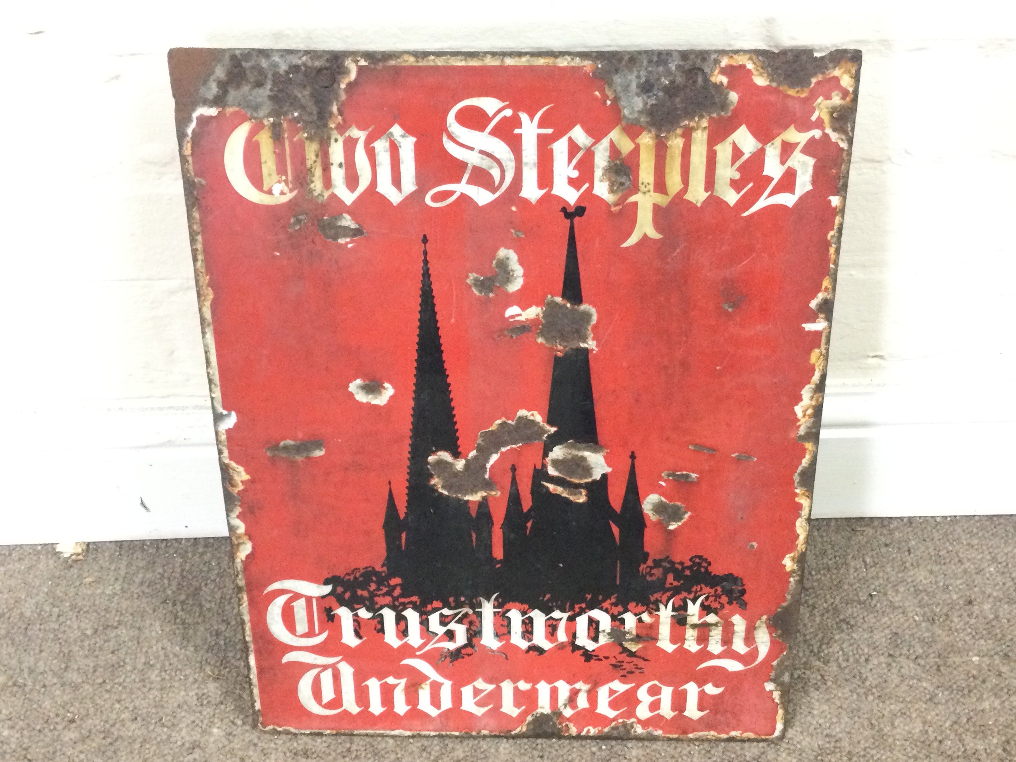 TWO STEEPLES VINTAGE ENAMEL SIGN DOUBLE SIDED WITH HANDLE. 13 x 17 inches