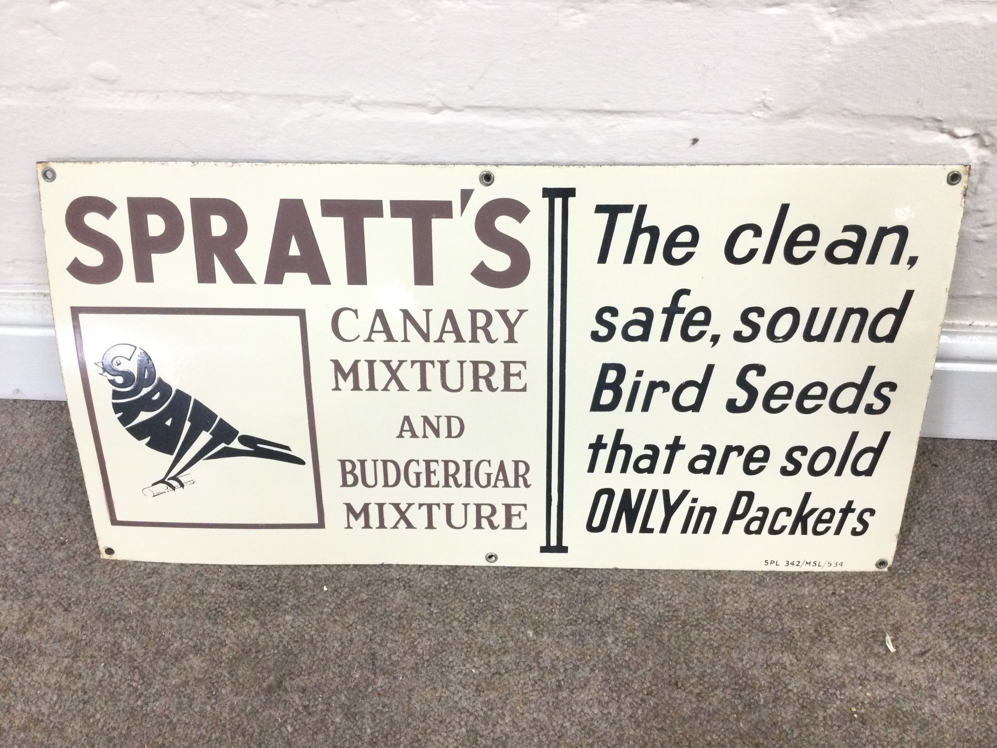 SPRATT'S BIRD SEED ENAMEL SIGN 24 x 12 inches approximately