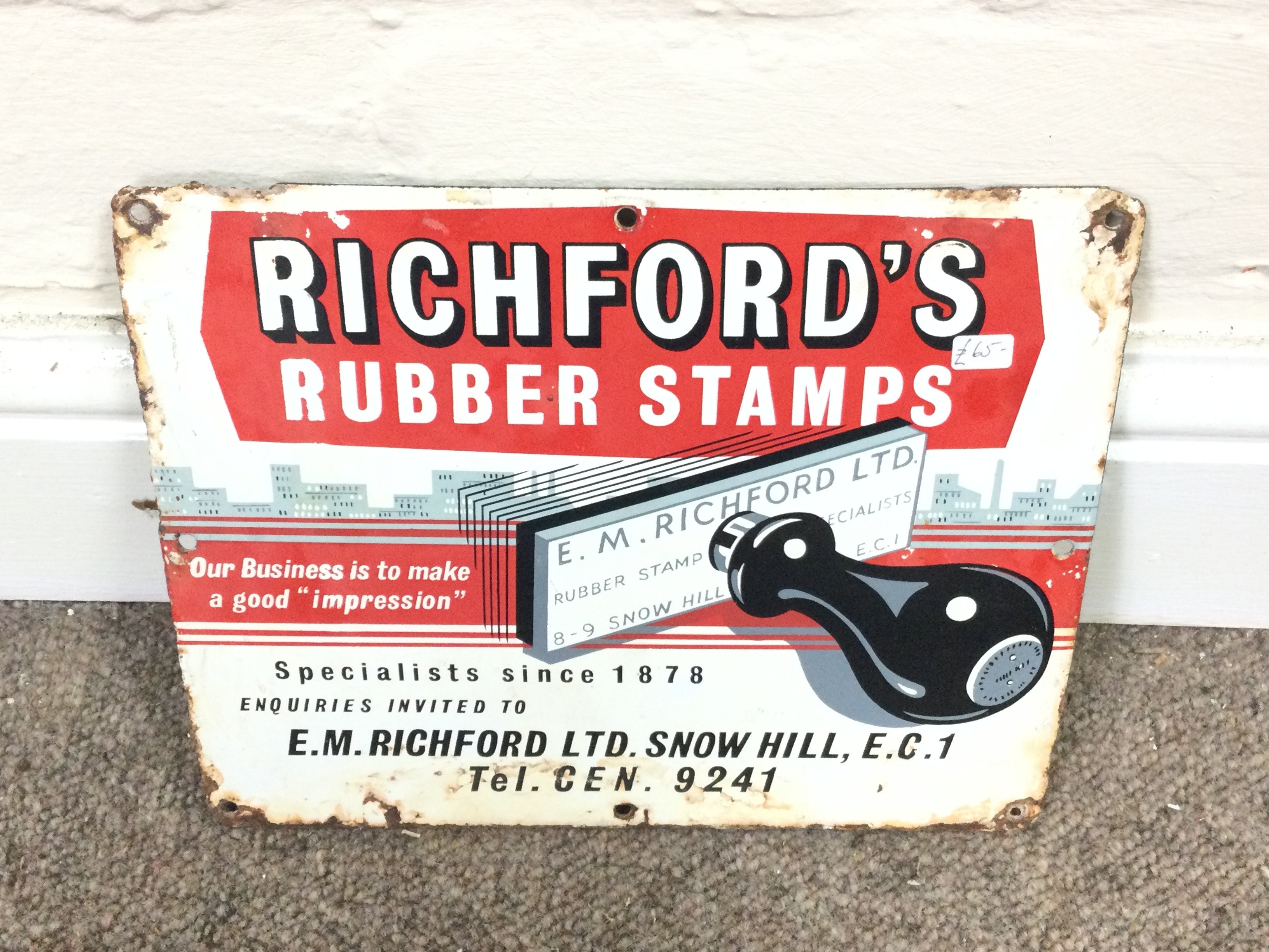 Richfords rubber stamps advertising sign. 9.5 x 8 inches approximately