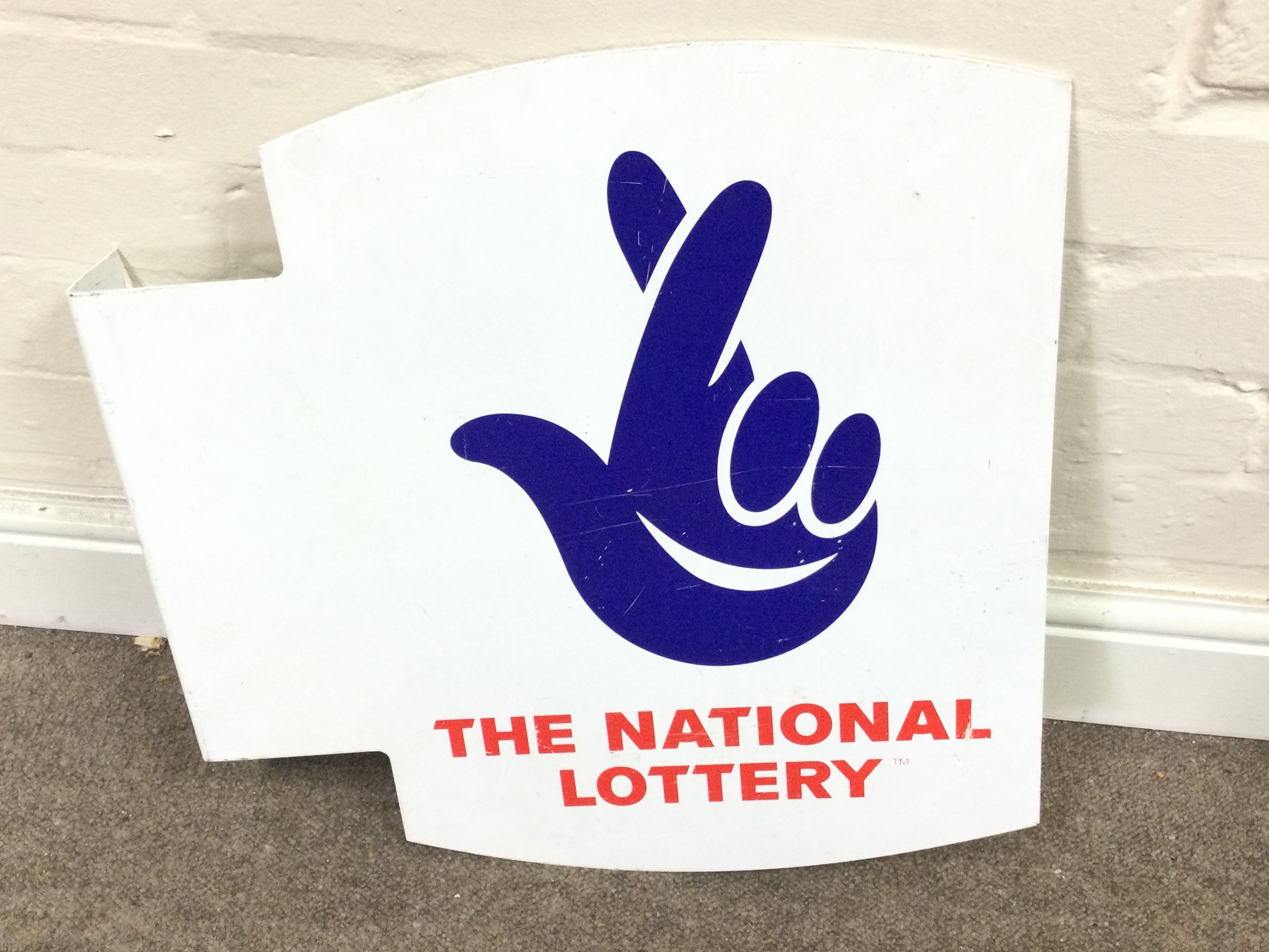 NATIONAL LOTTERY DOUBLE SIDED FLANGED SIGN 19.5 x 20 inches approximately