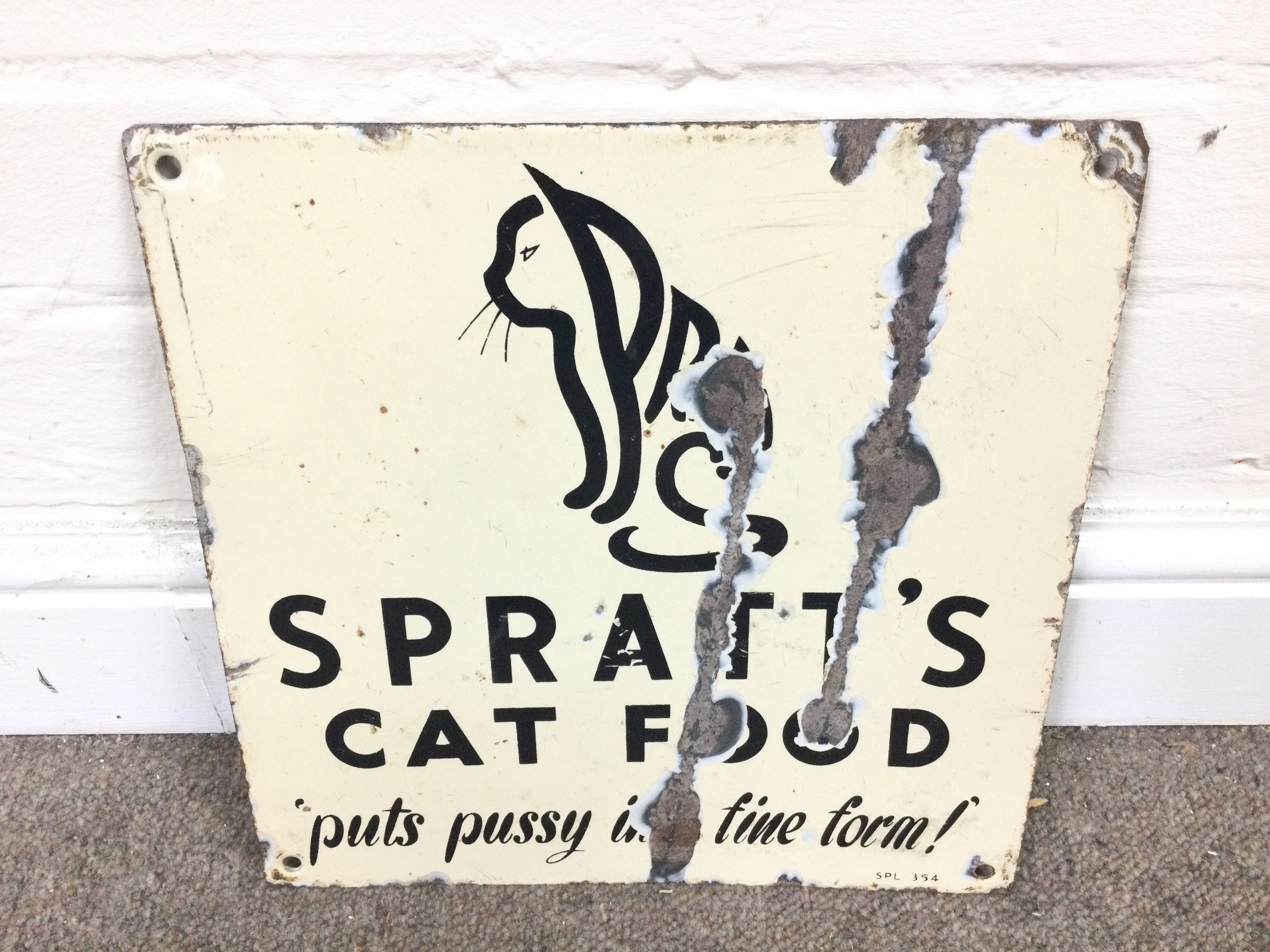 Sprays cat food enamel sign 12 x 12 inches approximately