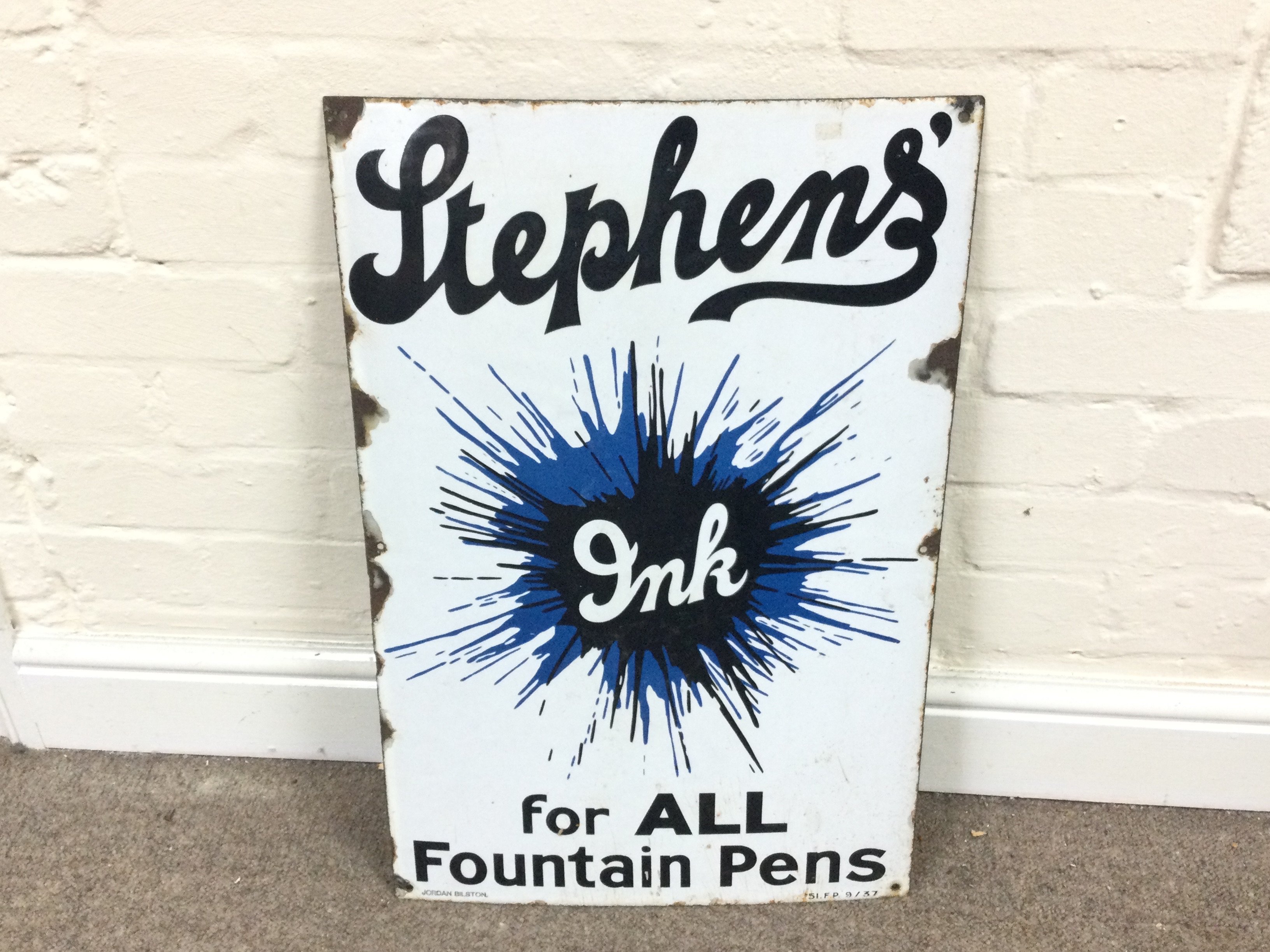 Stephens ink for all fountain pens enamel sign. 15.5 x 24 inches approximately