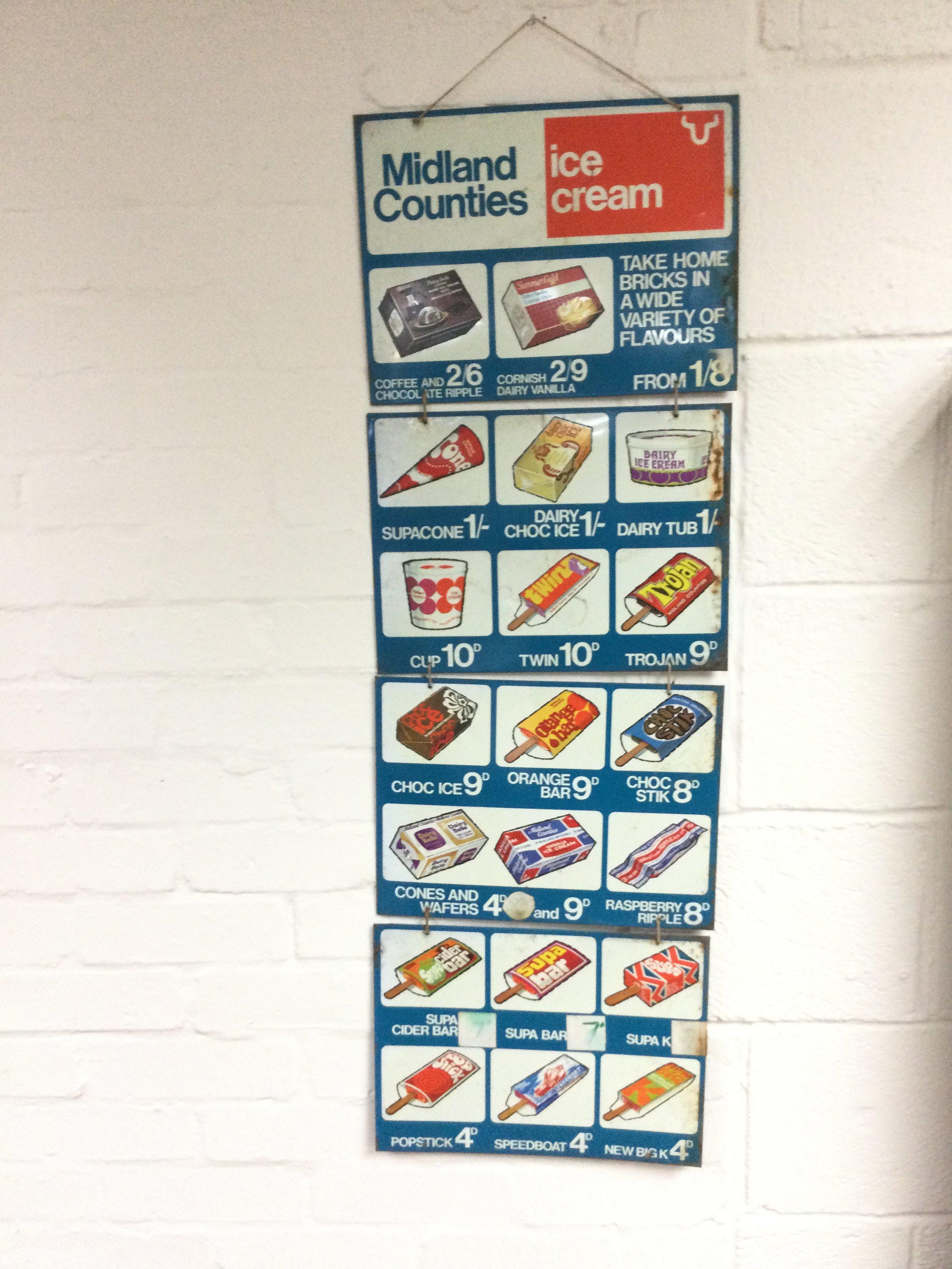 Midland counties ice cream tin signs.