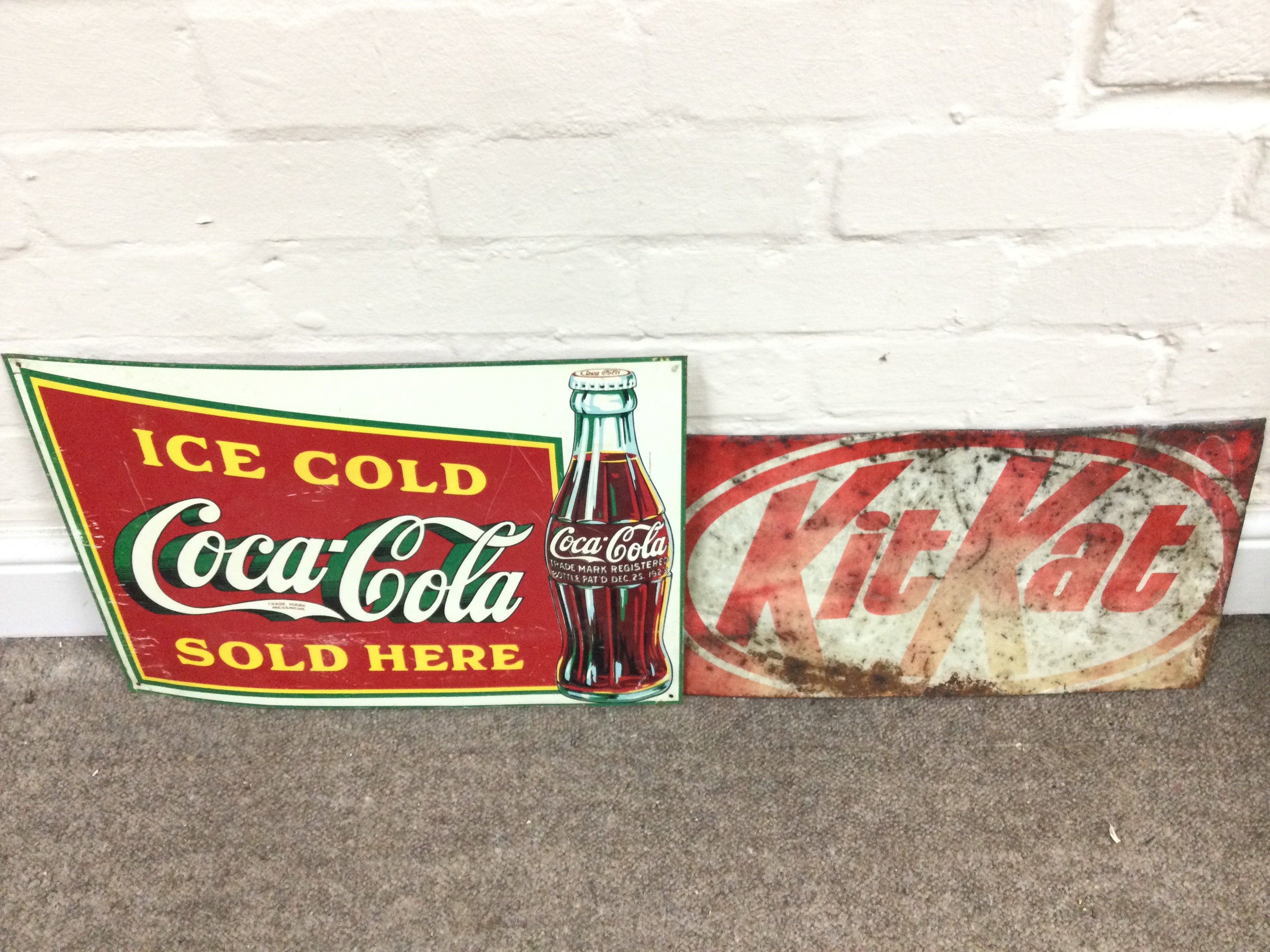 Two vintage signs including Coca Cola and kitkat 17 x 12 approximately 16 x 9 approximately