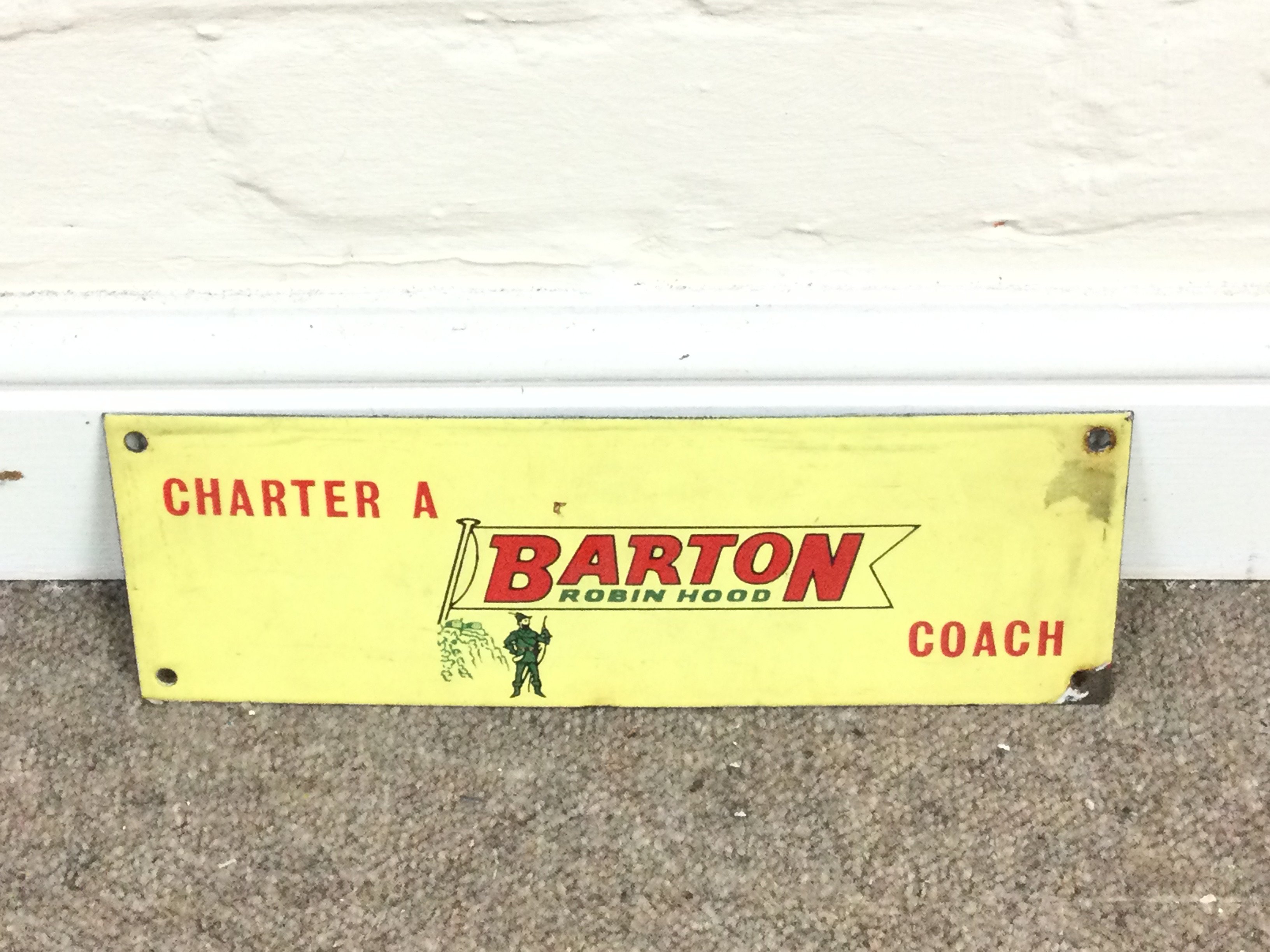 BARTON COACH CHARTER ROBIN HOOD VINTAGE ENAMEL SIGN 5 x 12 inches