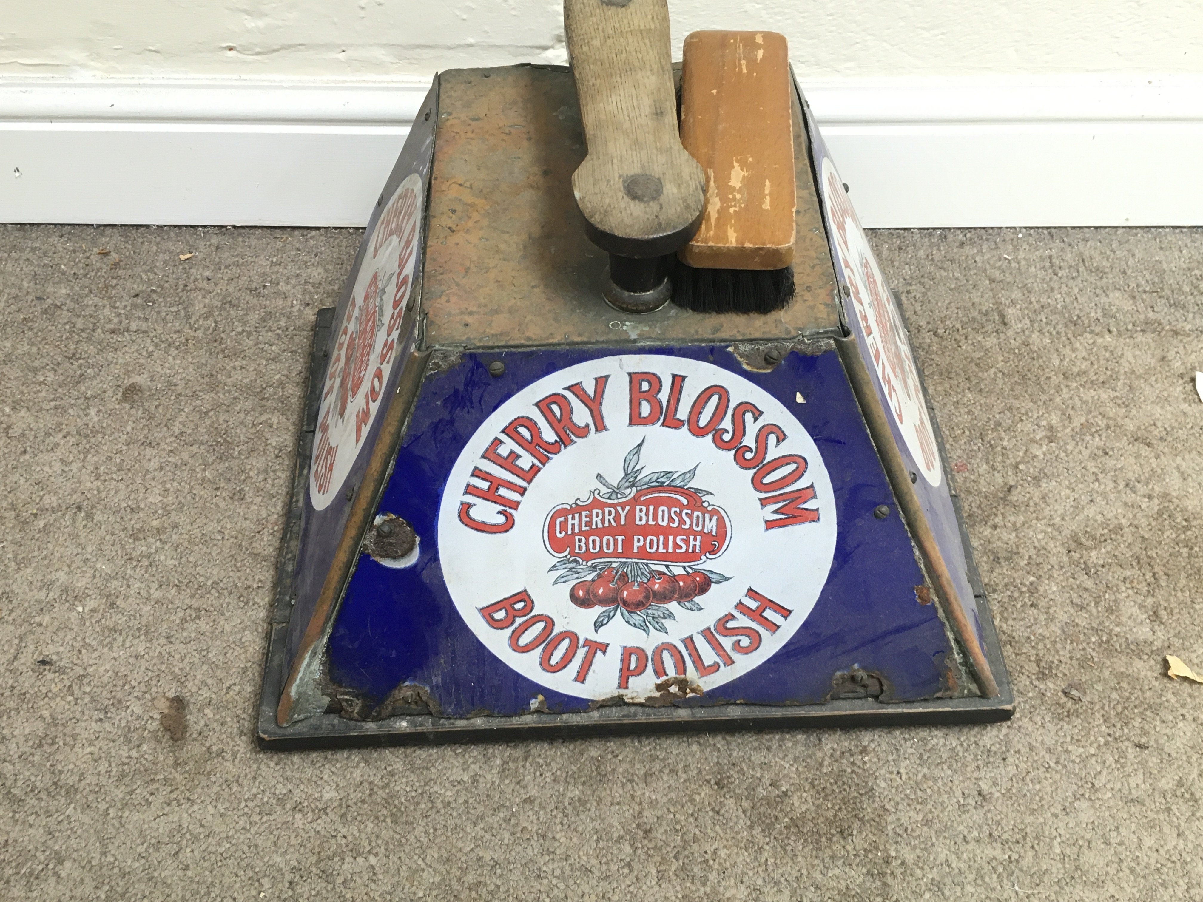 CHERRY BLOSSOM SHOE SHINE BOX WITH THREE, TRAPEZOID ENAMEL PLATES FITTED 16.5 x 12 inches approximately