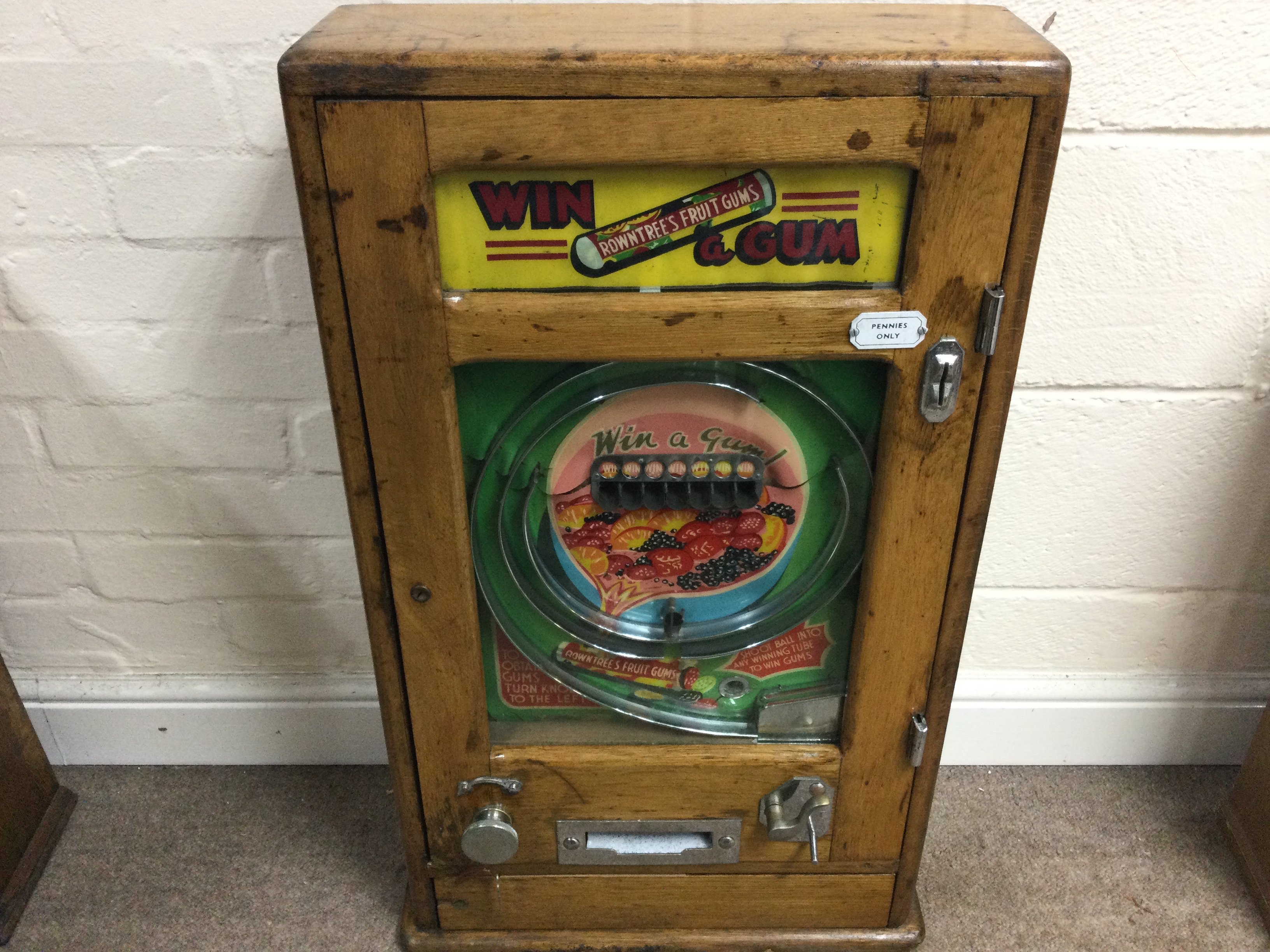 Allwins WIN a GUM Rowntree's Fruit Gums Penny Arcade machine 18 x 6 x 31.5 inches approximately