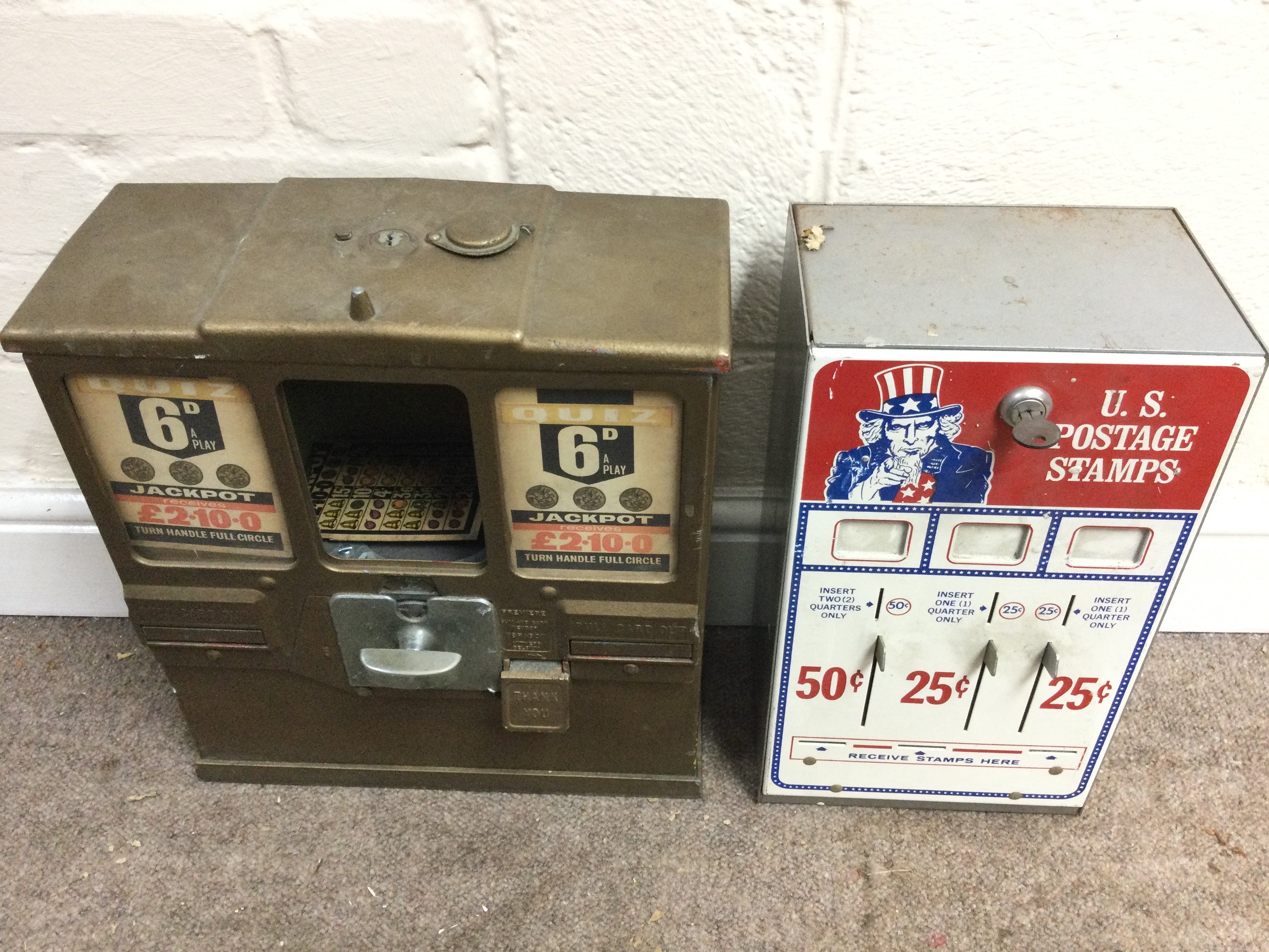 A US postage stamp coin op machine 8 x 14 x 5.5 inches approximately and a British &ldquo;6D&rdquo; &ldquo;Premiere Gum and Card Vendor&rdquo; trade stimulator 12 x 15 x 6 approximately