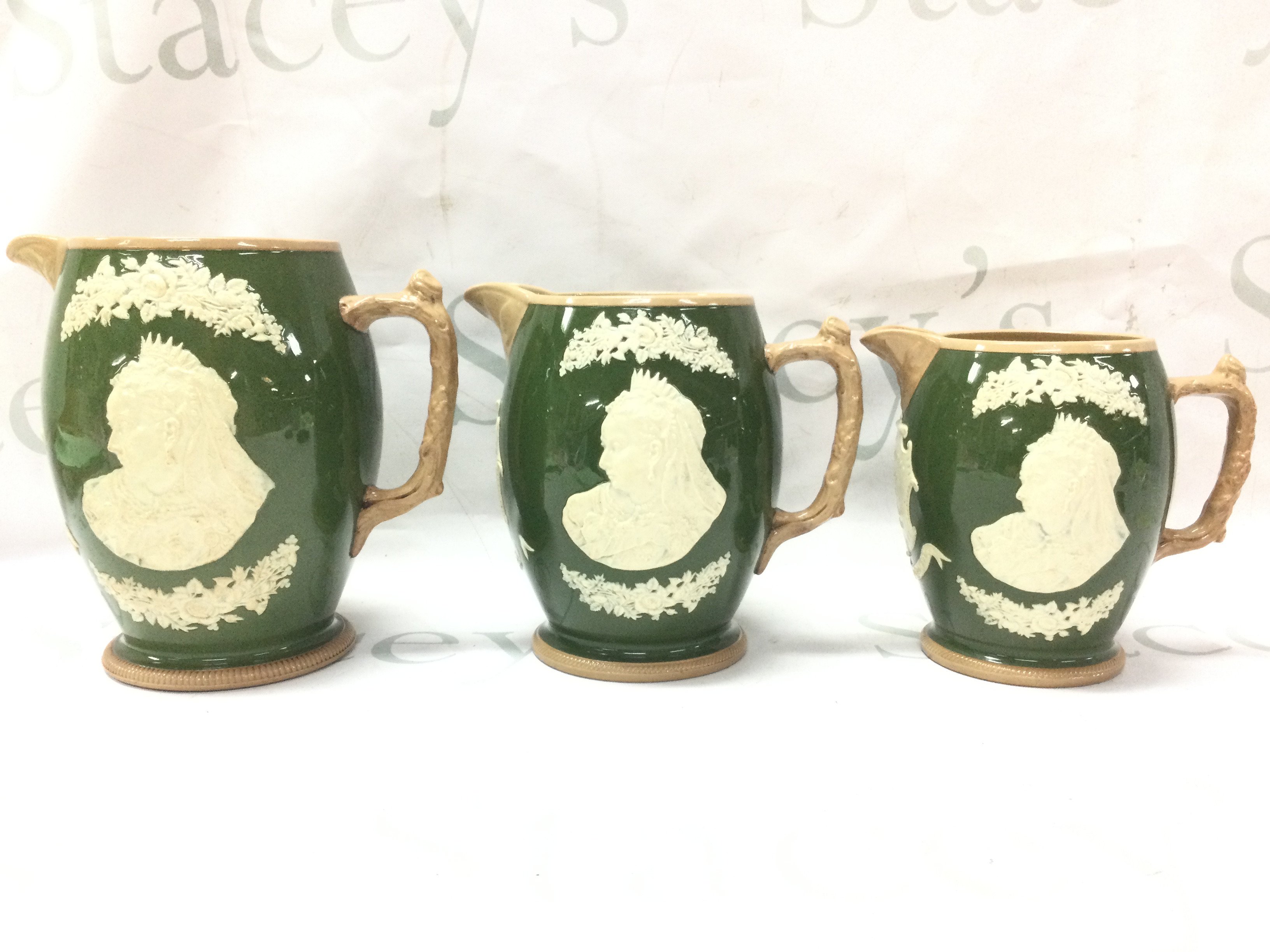 A set of three Victorian jubilee jugs by Copeland late Spode crook motcomb st. Belgrave London. This lot cannot be posted. NO RESERVE