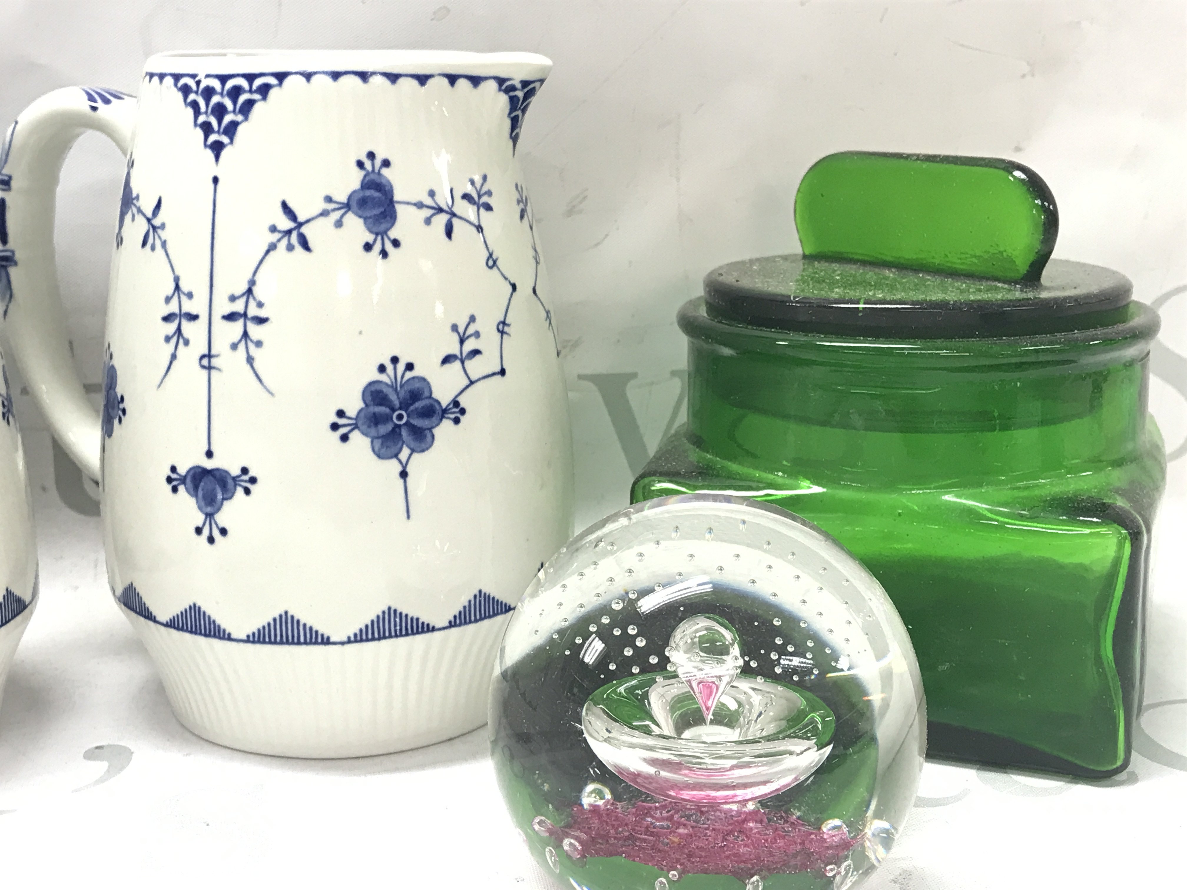 A collection of ceramics including Denmark blue and white jugs, Caithness paperweight, a very tall glass jar possibly for sweets (58 cm tall ). NO RESERVE