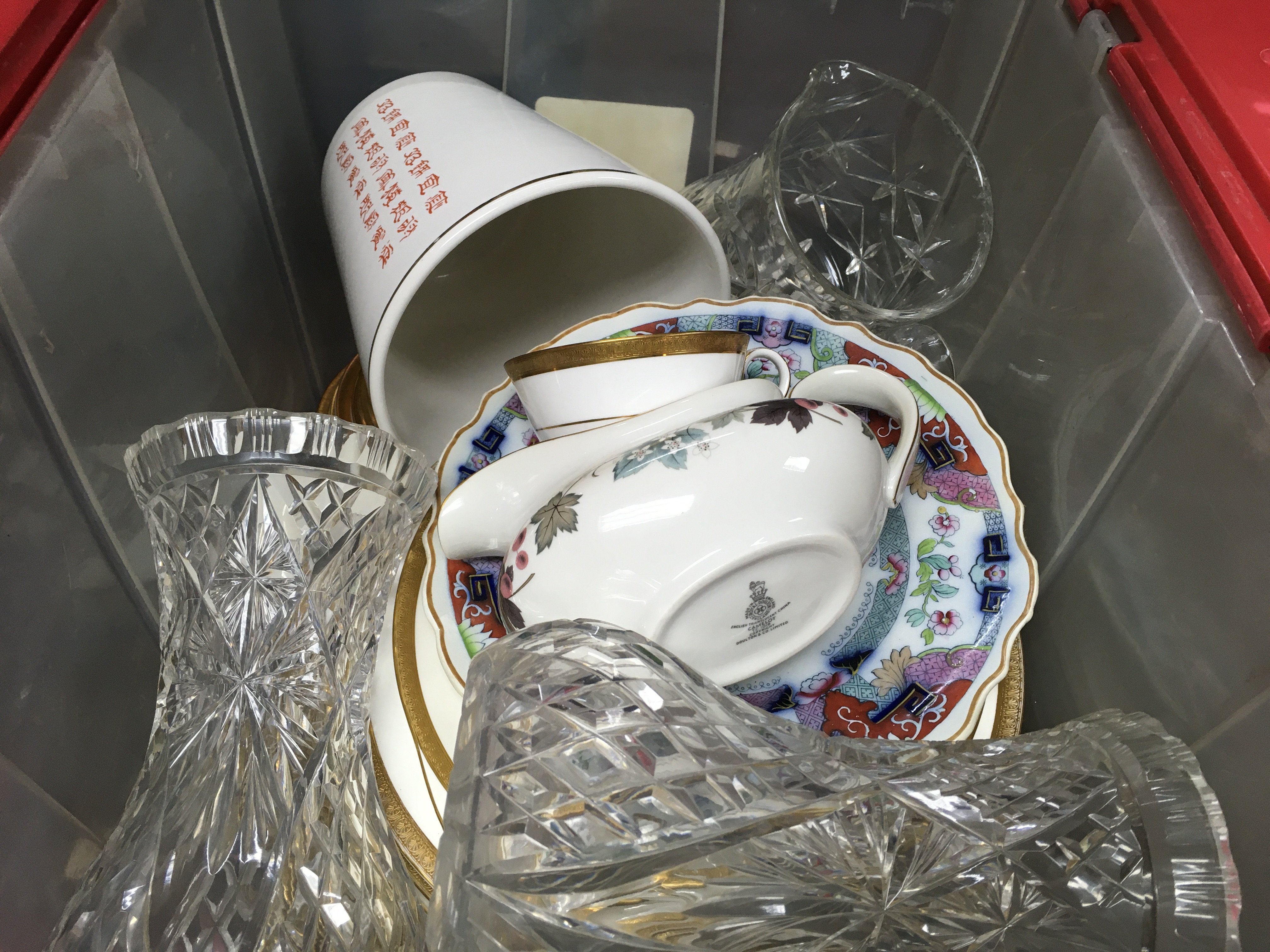 Two boxes containing China and glassware various including Royal Doulton Royal Gold part service. NO RESERVE