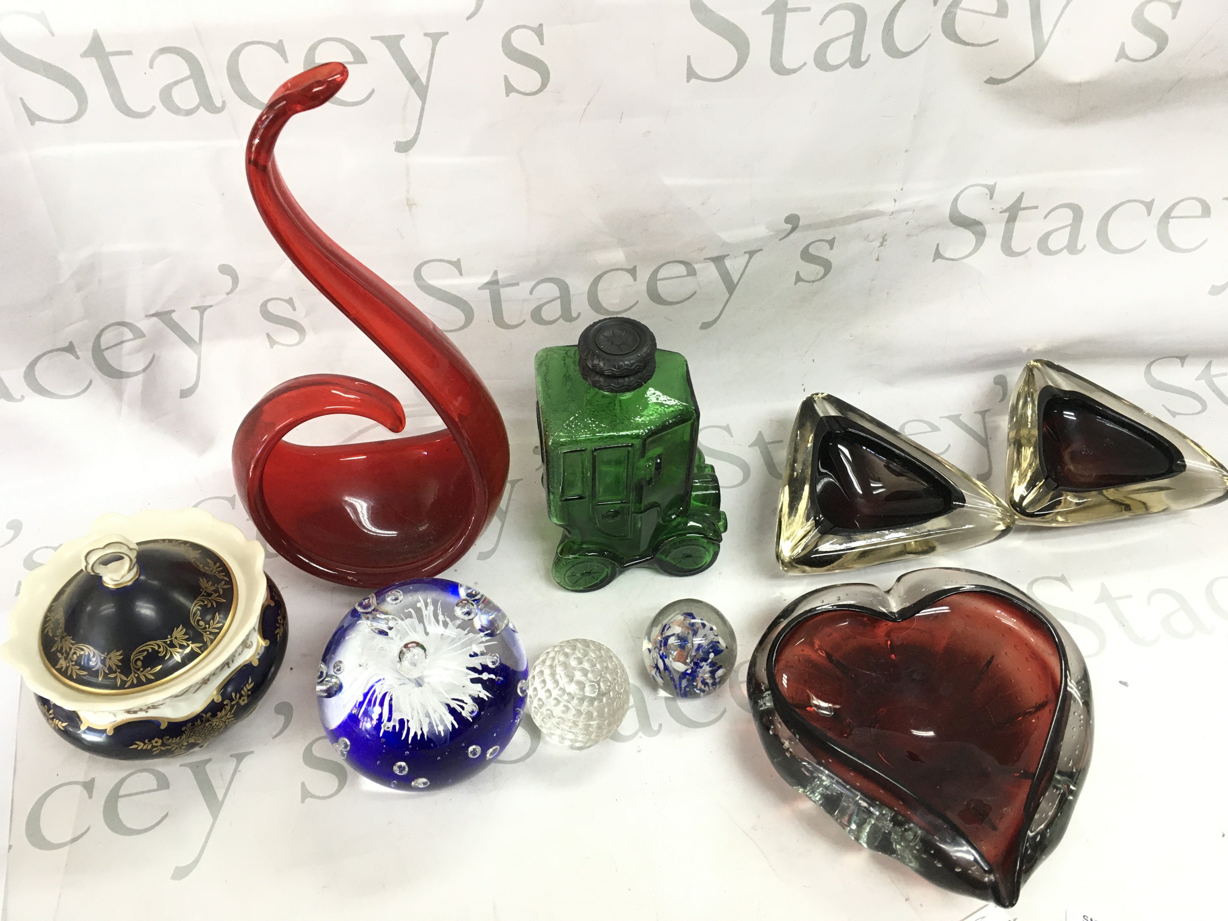A collection of coloured art glass , paperweights Weimar kobalt jar . This lot cannot be posted