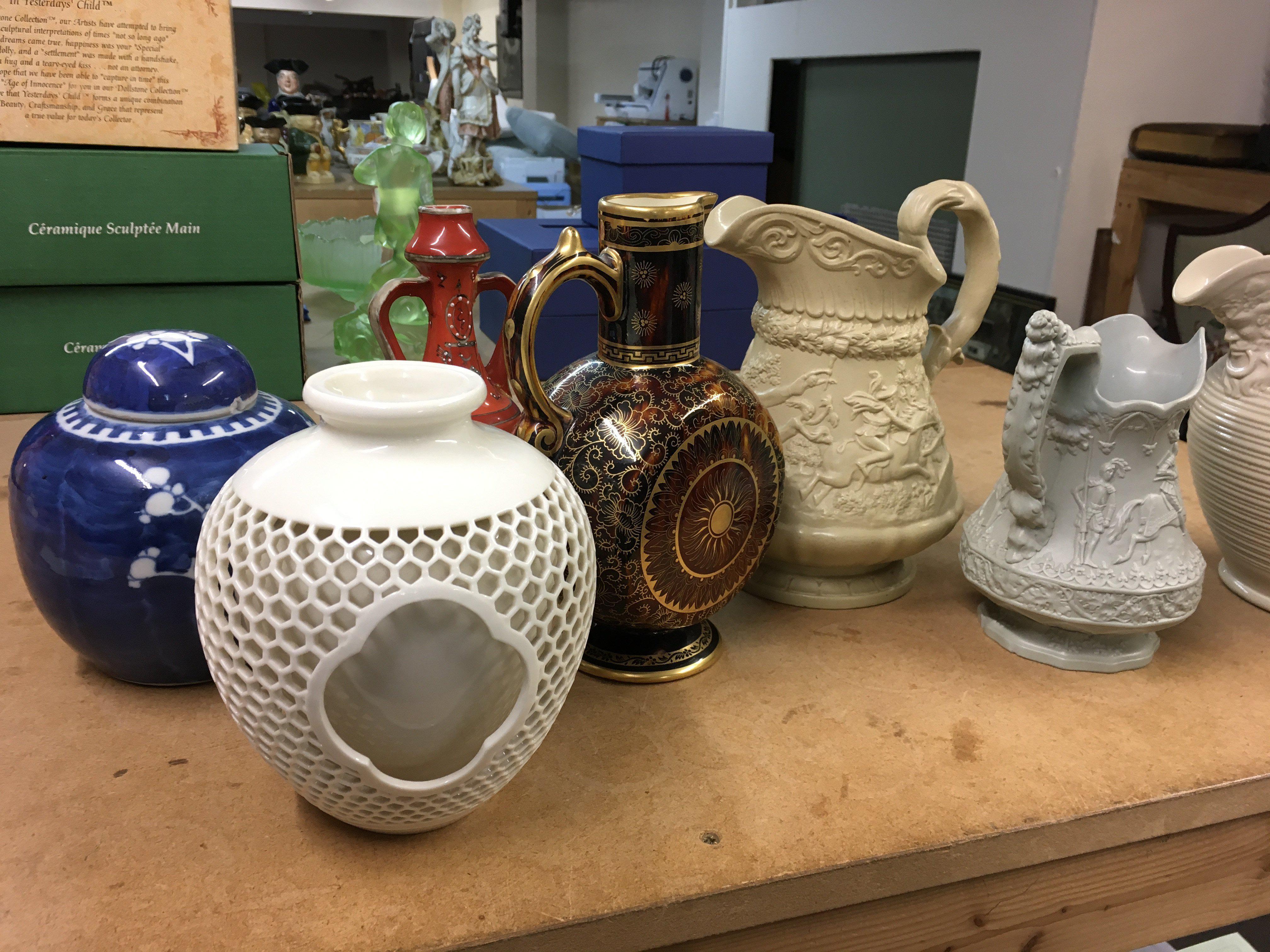 A Collection of ceramics by including jugs later Minton example two vases and a ginger jar and cover,