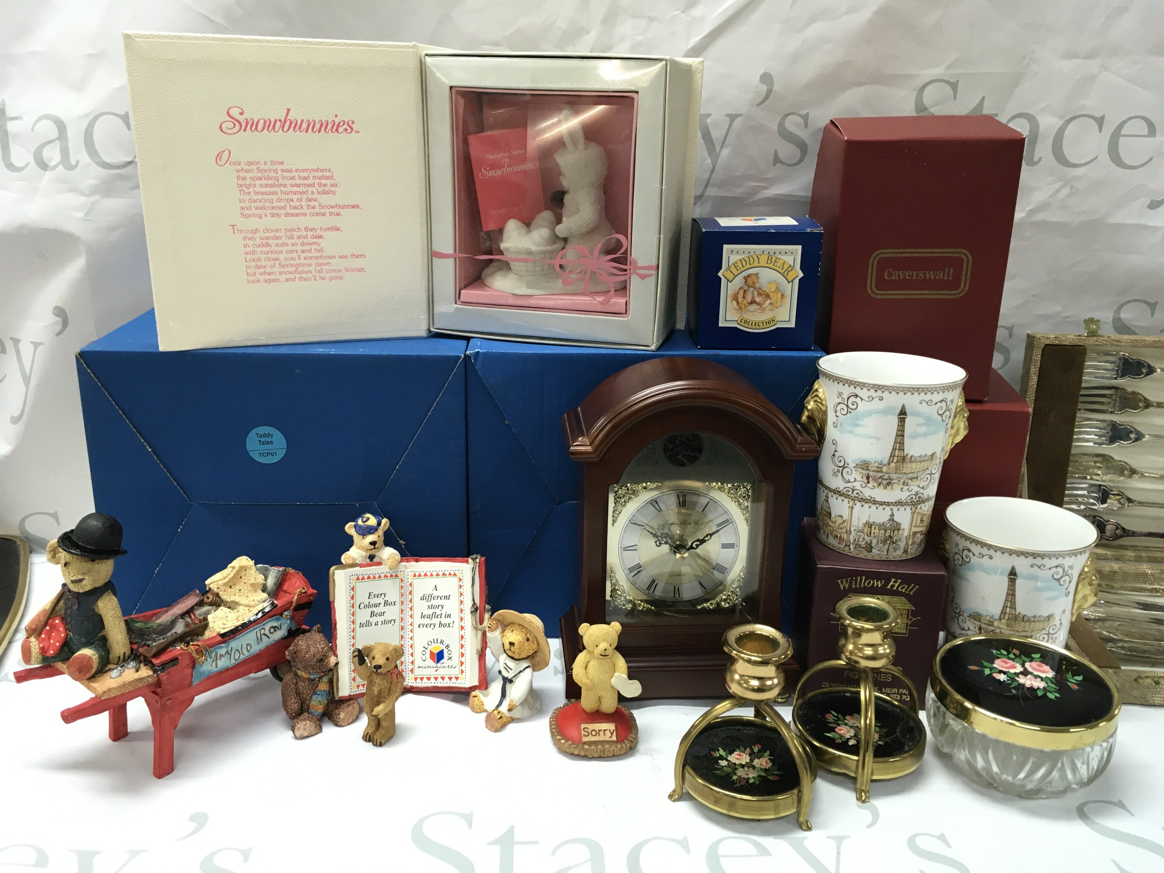 A Collection of boxed Peter Fagan bears , Caverswall Standerwicks cups, Ryals silver plate set. This lot cannot be posted . No reserve