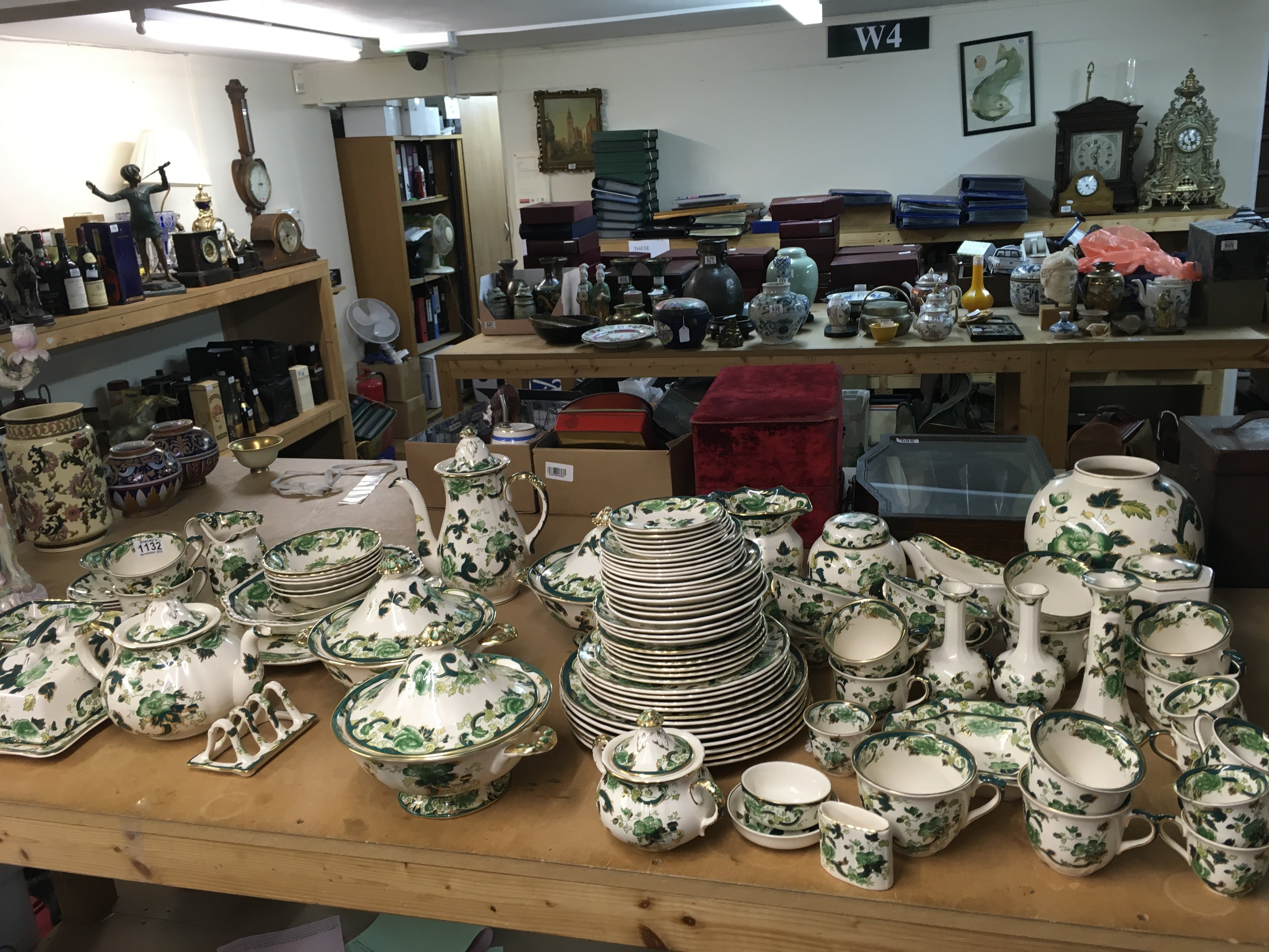 A large Collection of Masons Chartreuse ironstone ceramics including cups, saucers, bowls, jug (damaged ). This lot cannot be posted