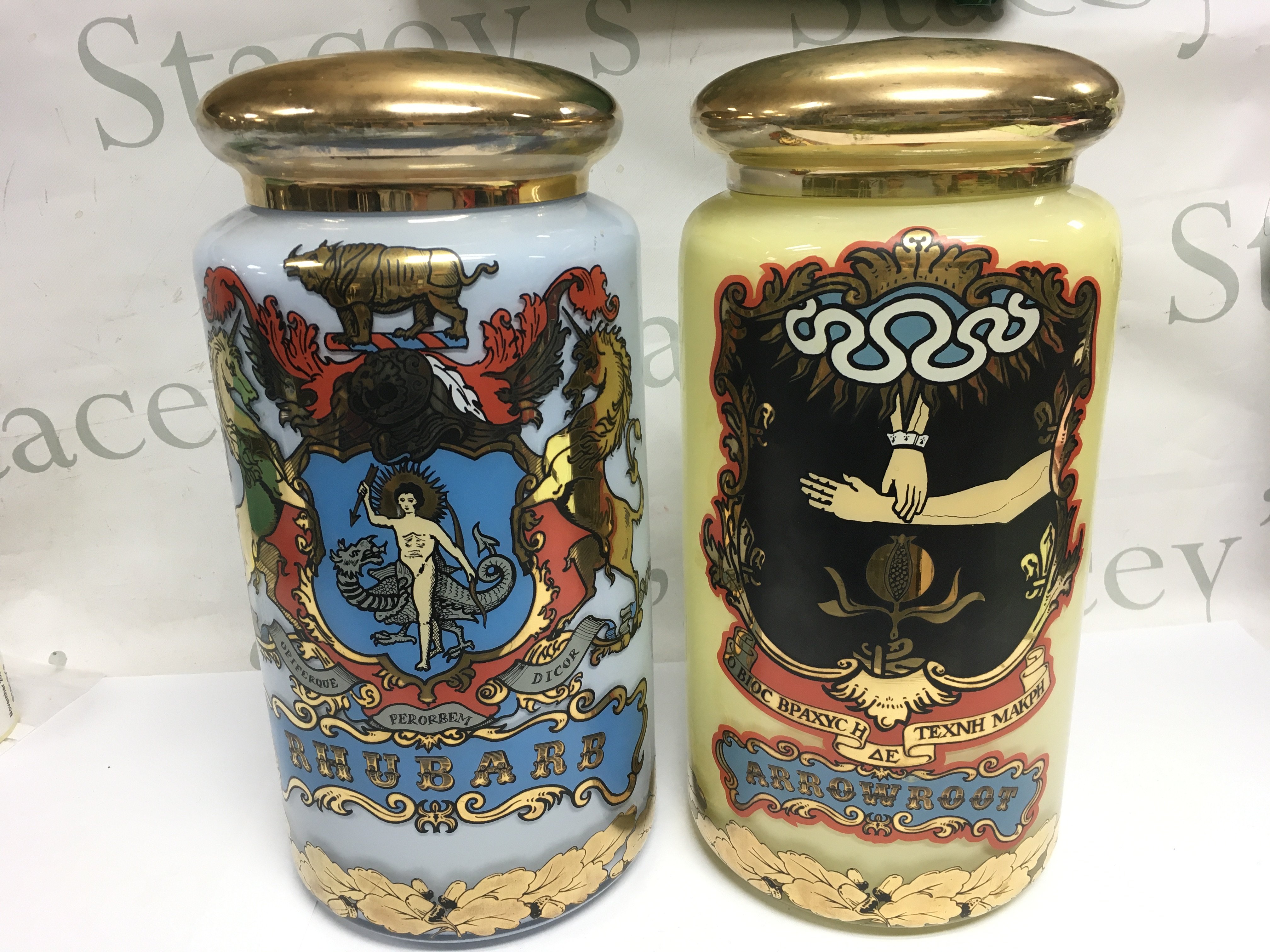 Two large vintage apothecary glass jars, approx height 32cm. Shipping category D.