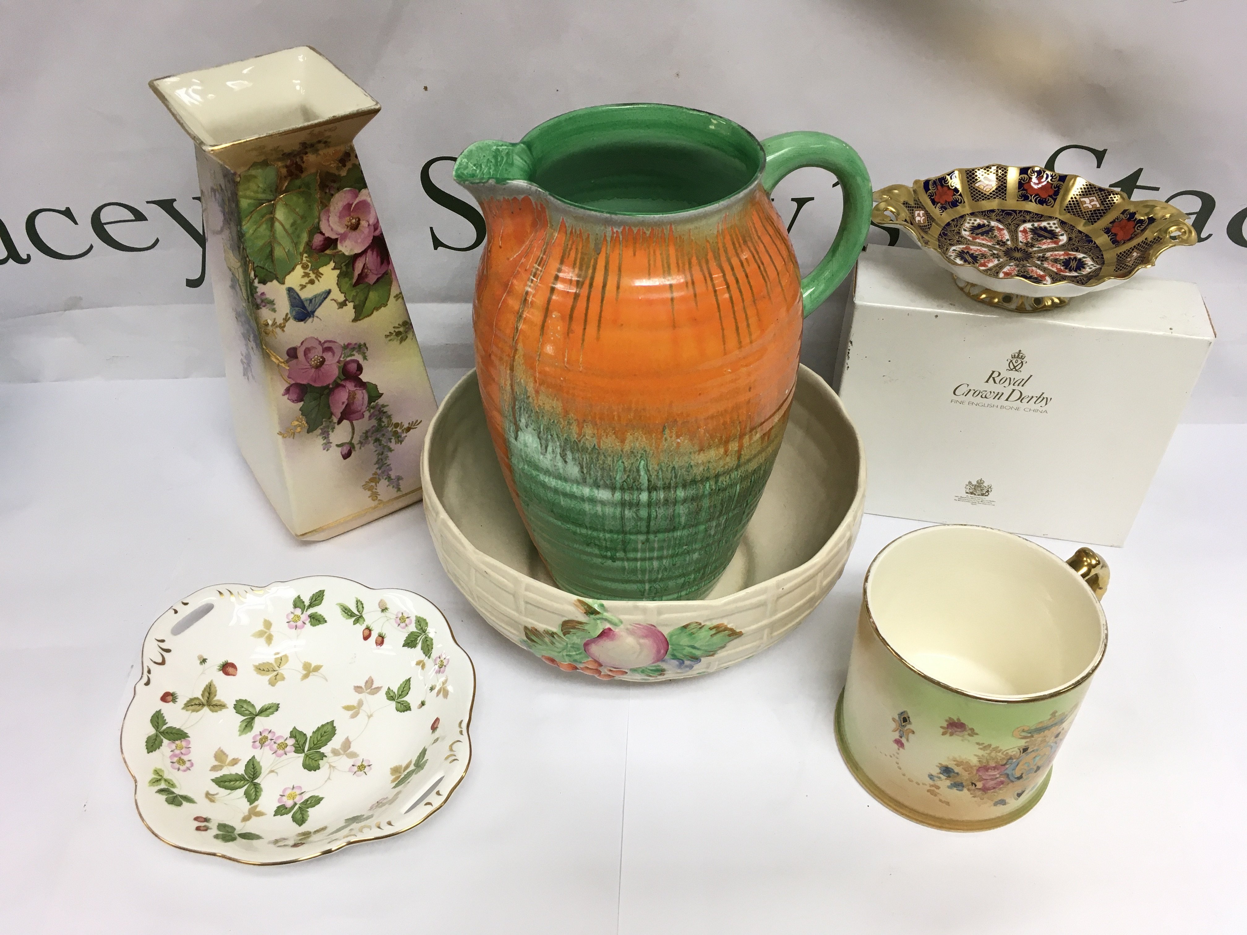 A Clarice Cliff bowl, a Shelley Jug, a boxed Royal Crown Derby dish etc. Shipping category D.
