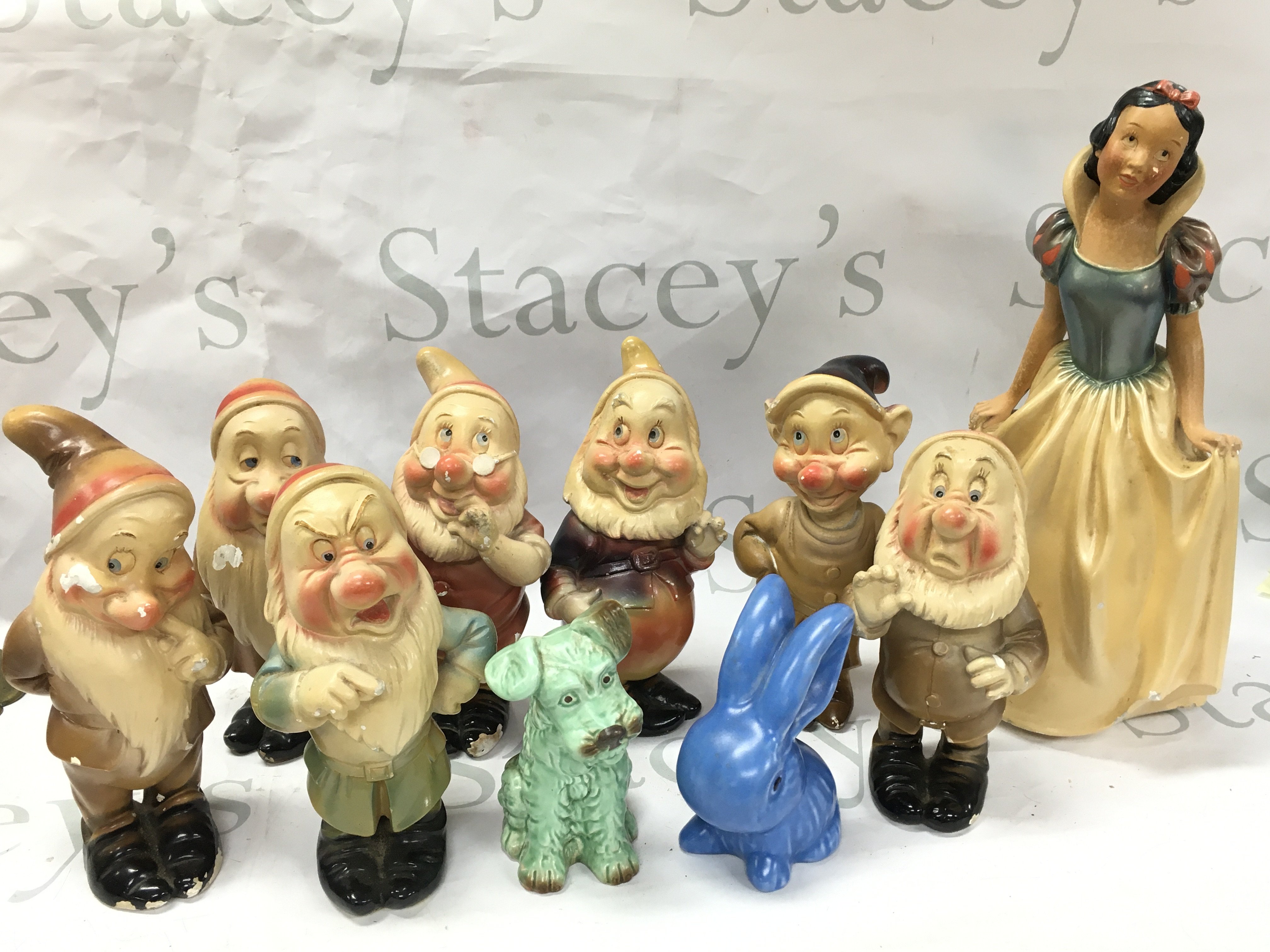 Walt Disney G.Leonardi Plaster ornaments in the form of Snow White and the seven dwarfs , Sylvac dog figure. This lot cannot be posted