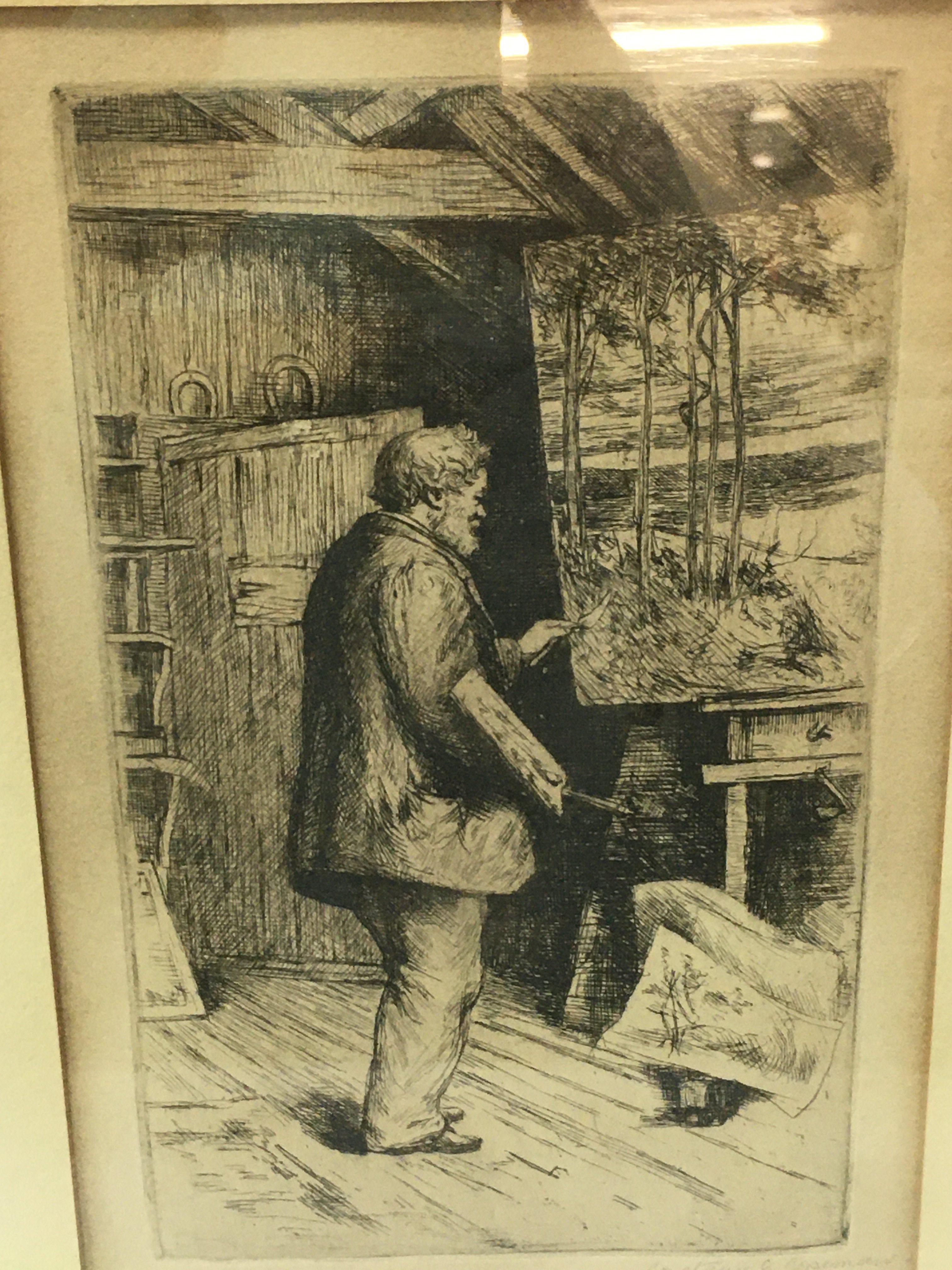 Two framed etchings by Constance G Coleman, one depicting a painter and the other a rural family scene. Frame sizes 29x39cm approximately. NO RESERVE