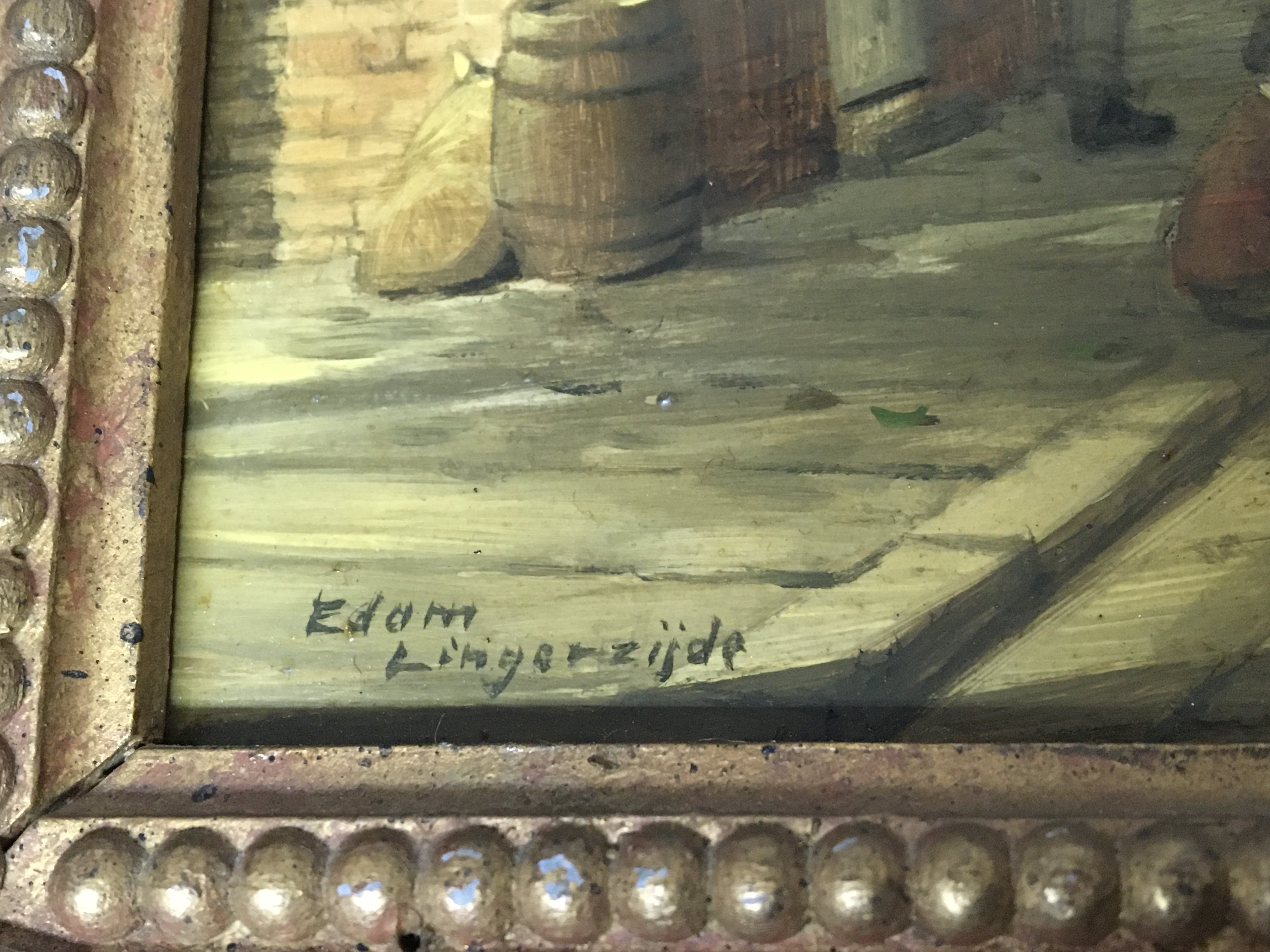 A framed Continental oil painting on panel study of a late 19th century street scene signed lower right. 44cmx39cm. NO RESERVE