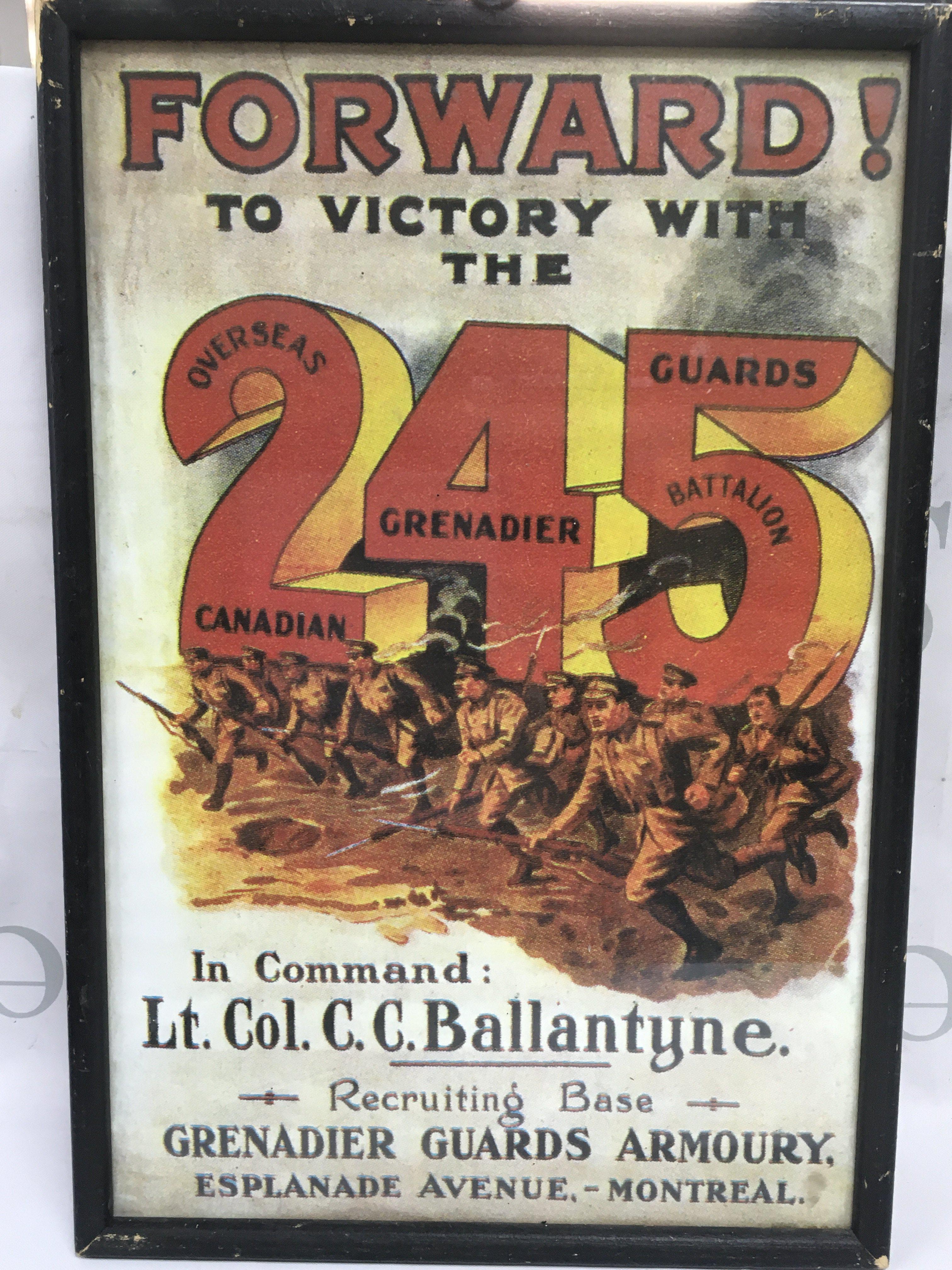A framed vintage recruiting poster for the Canadian 245 Grenadier Guards Canadian Montreal Canada . This lot can be posted without the frame postage cat A