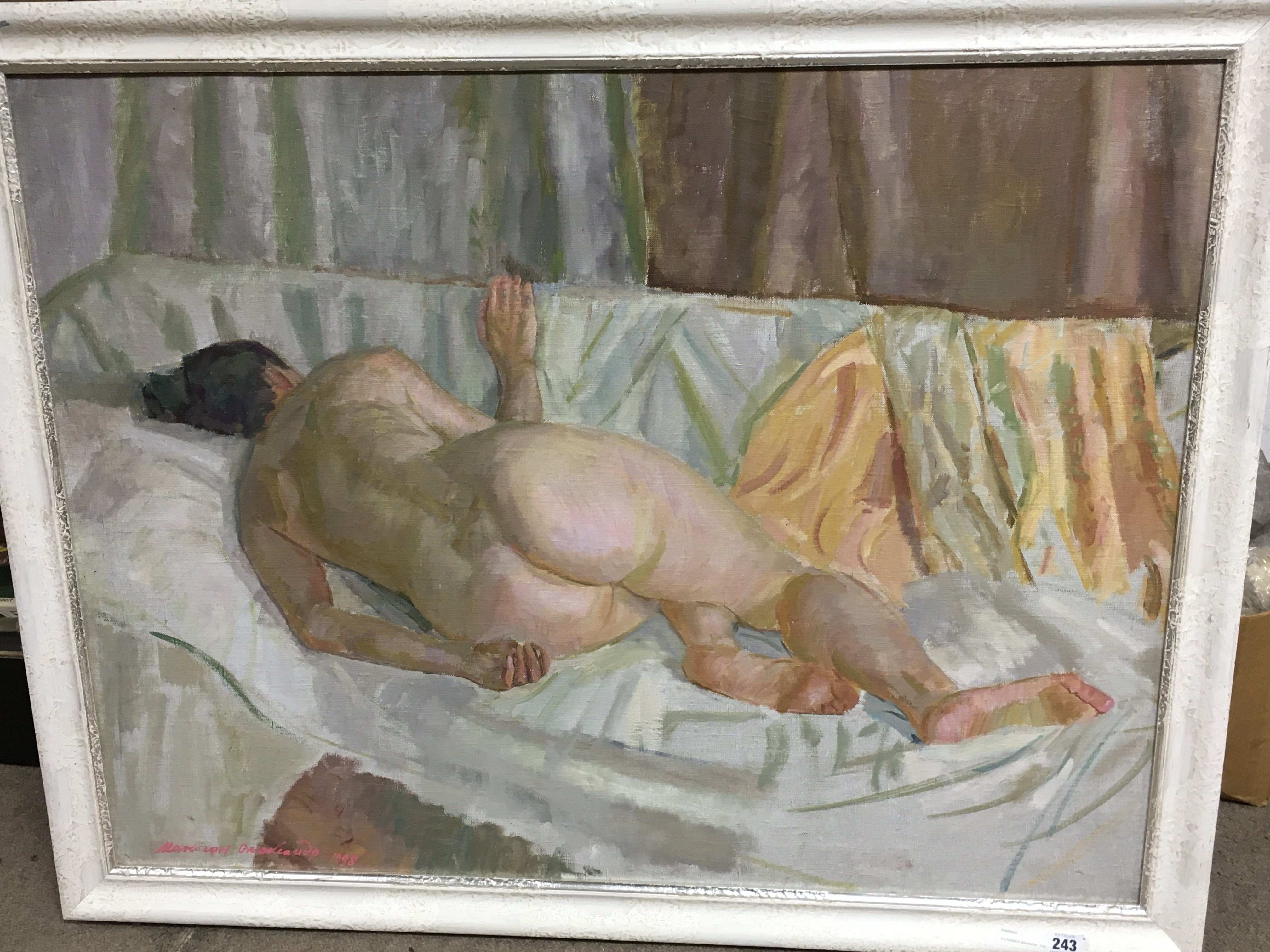 An oil on canvas laying nude woman Alexander Makagon the Artists Model 1998, frame dimensions 108x85cm. This lot cannot be posted