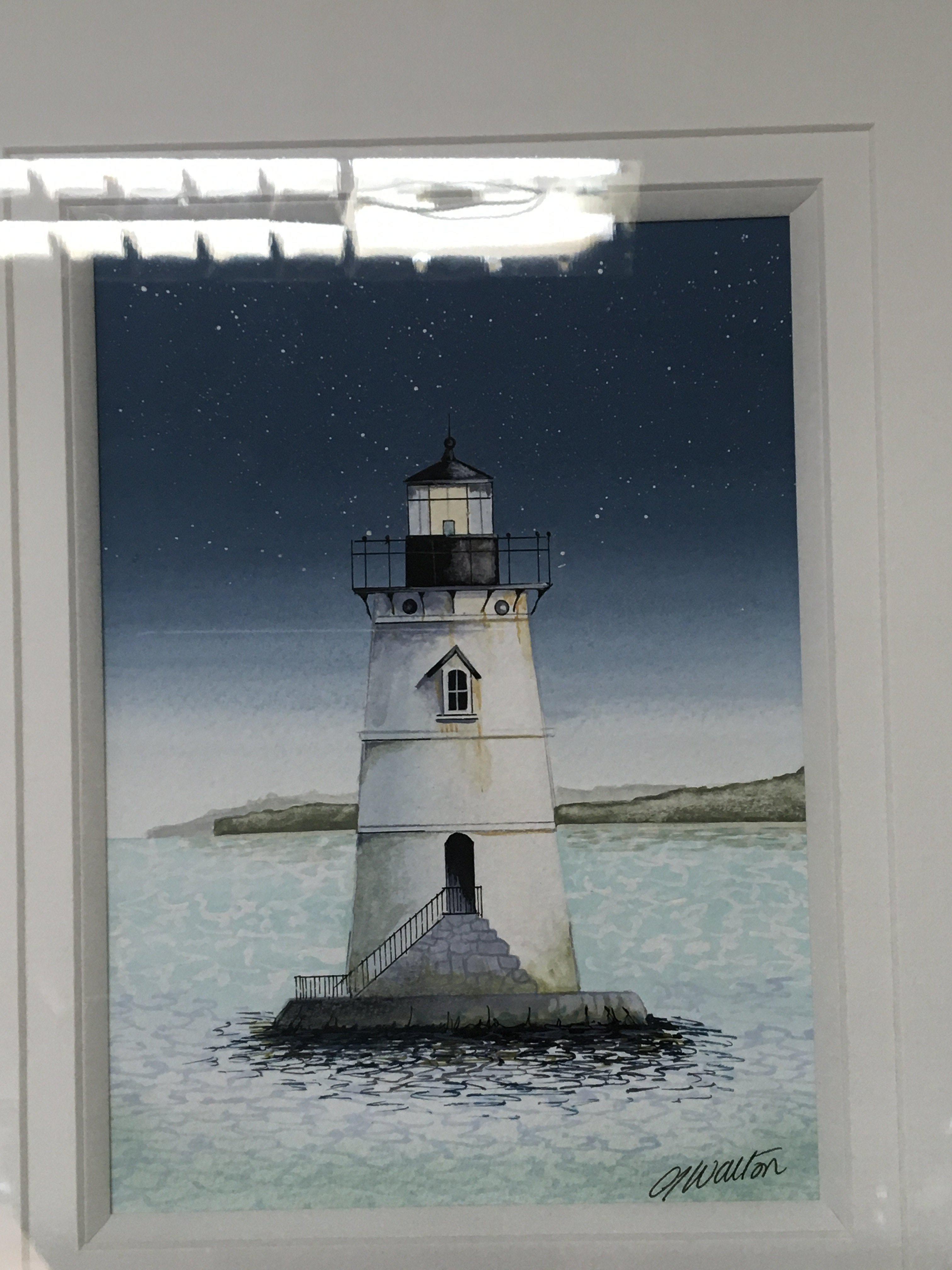 Four modern Contemporary pen and watercolour paintings by Gary Walton studies of Lighthouse one with a small, Gallery shop all in modern frames. (4)