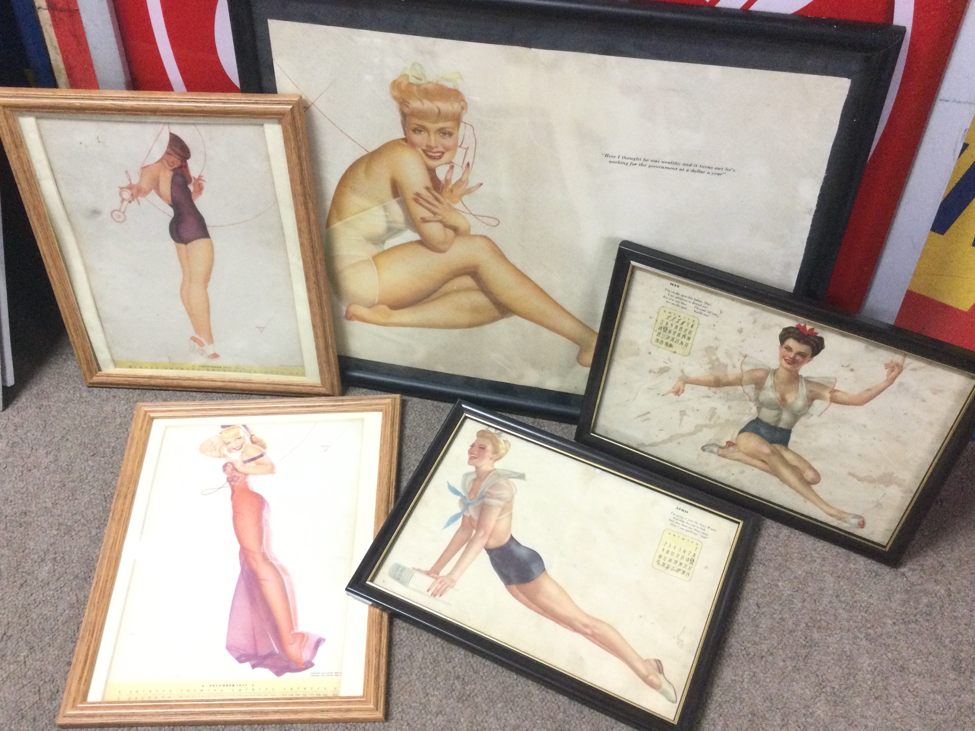 Vintage framed Petty and Varga pinup calendar prints circa 1940s. Frame dimensions 33x24 to 53x44cm This lot can be posted without frames postage category b