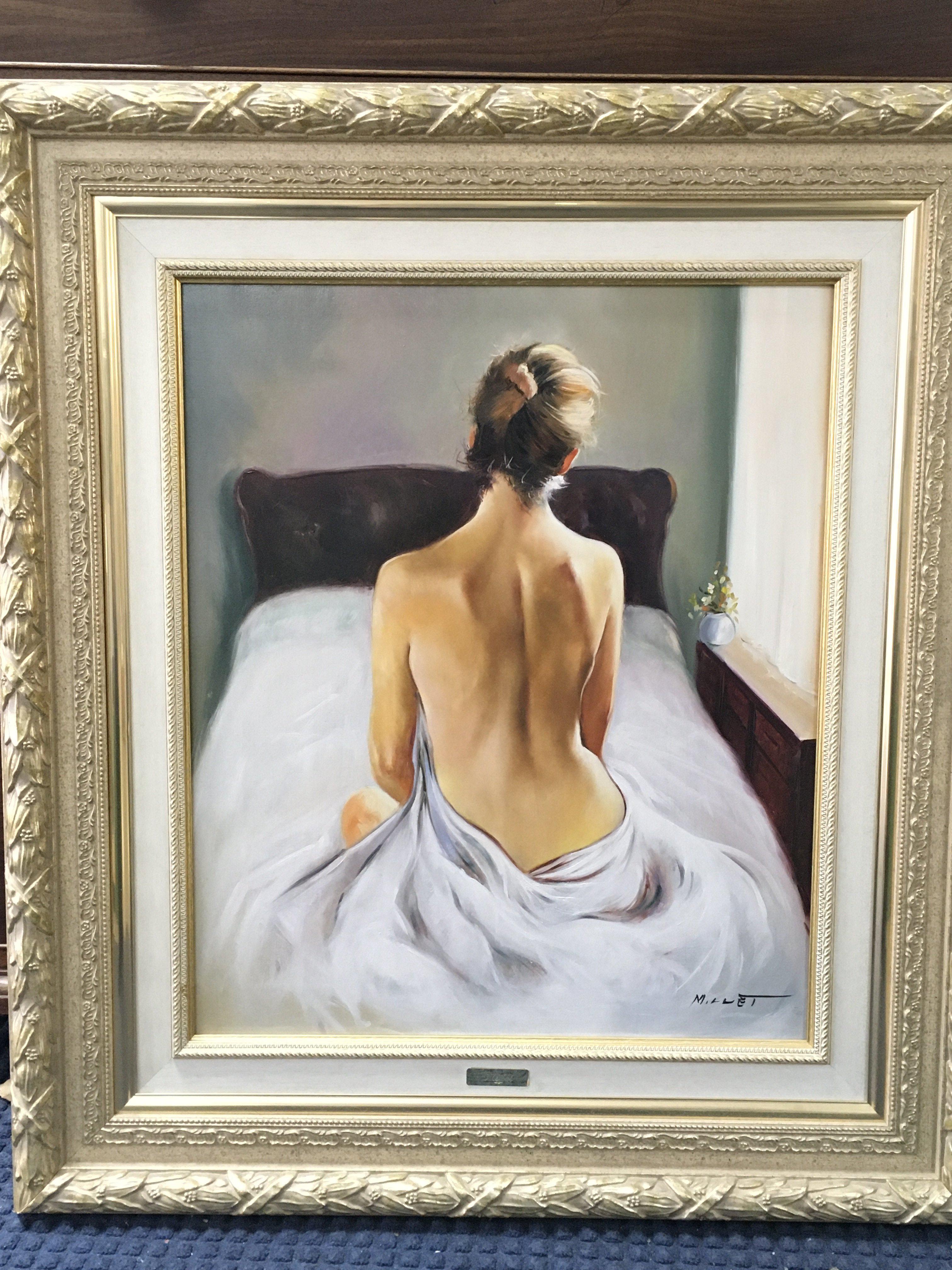 A framed 20th century Nude oil painting signed Millet. Frame dimensions 70x78cm