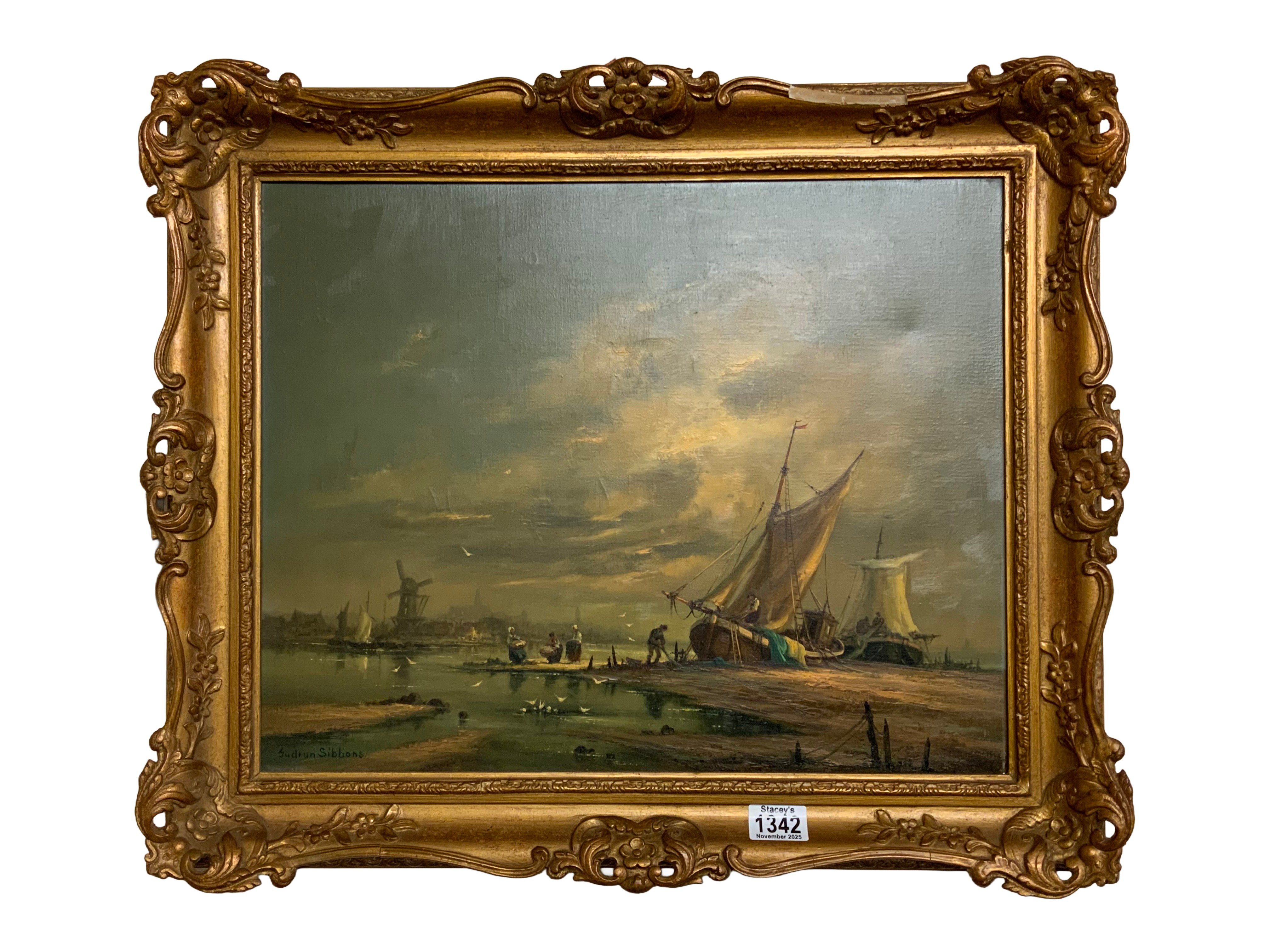 Gudrun Gibbons 1925-2020, oil on canvas river and Barge scene. 62cm x 52cm.