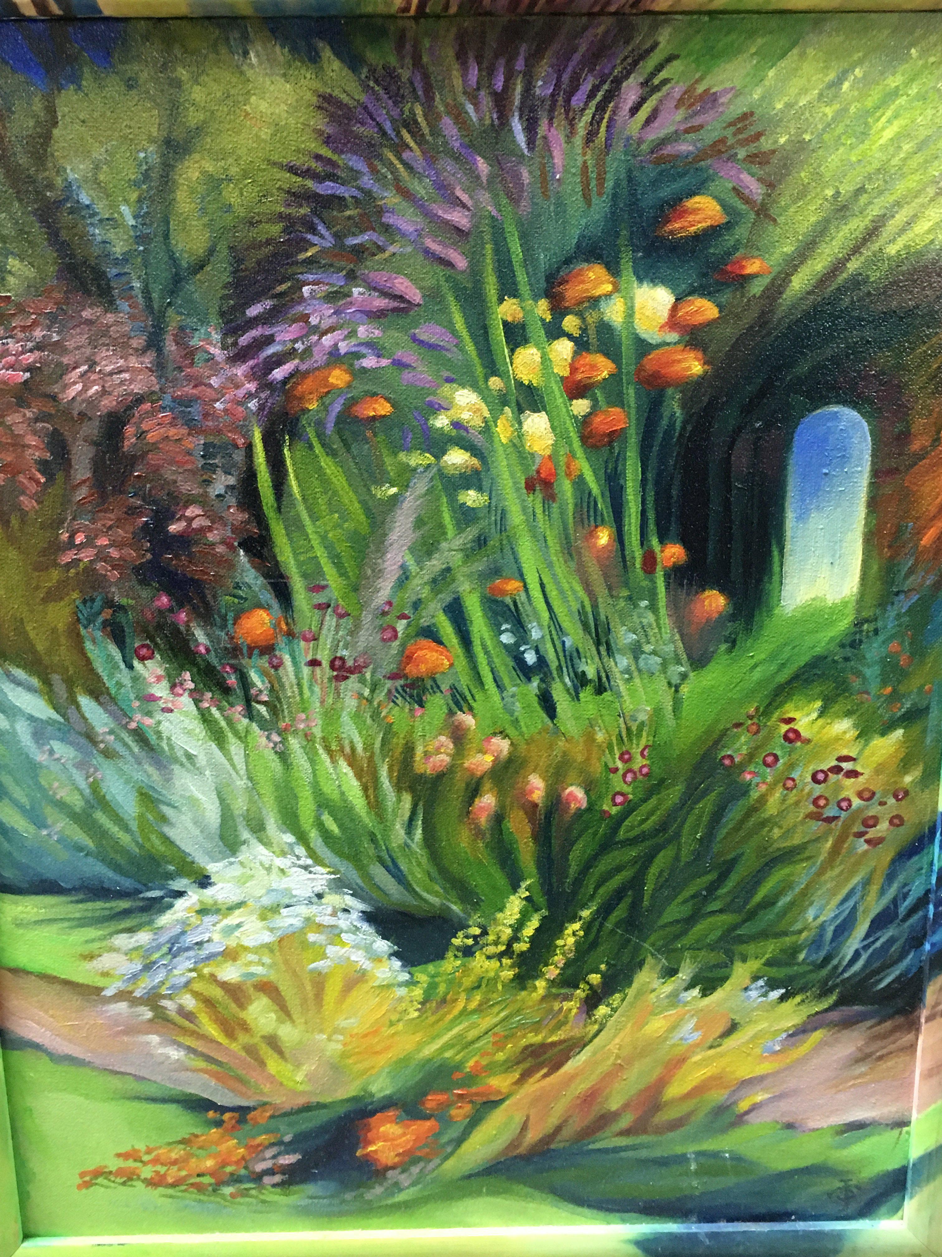 Two 20th century artist Joanna Crawford oil / pastel paintings - apples still life and abstract flowers. Also includes a framed print of fishing boats at a harbour. No reserve This lot cannot be posted