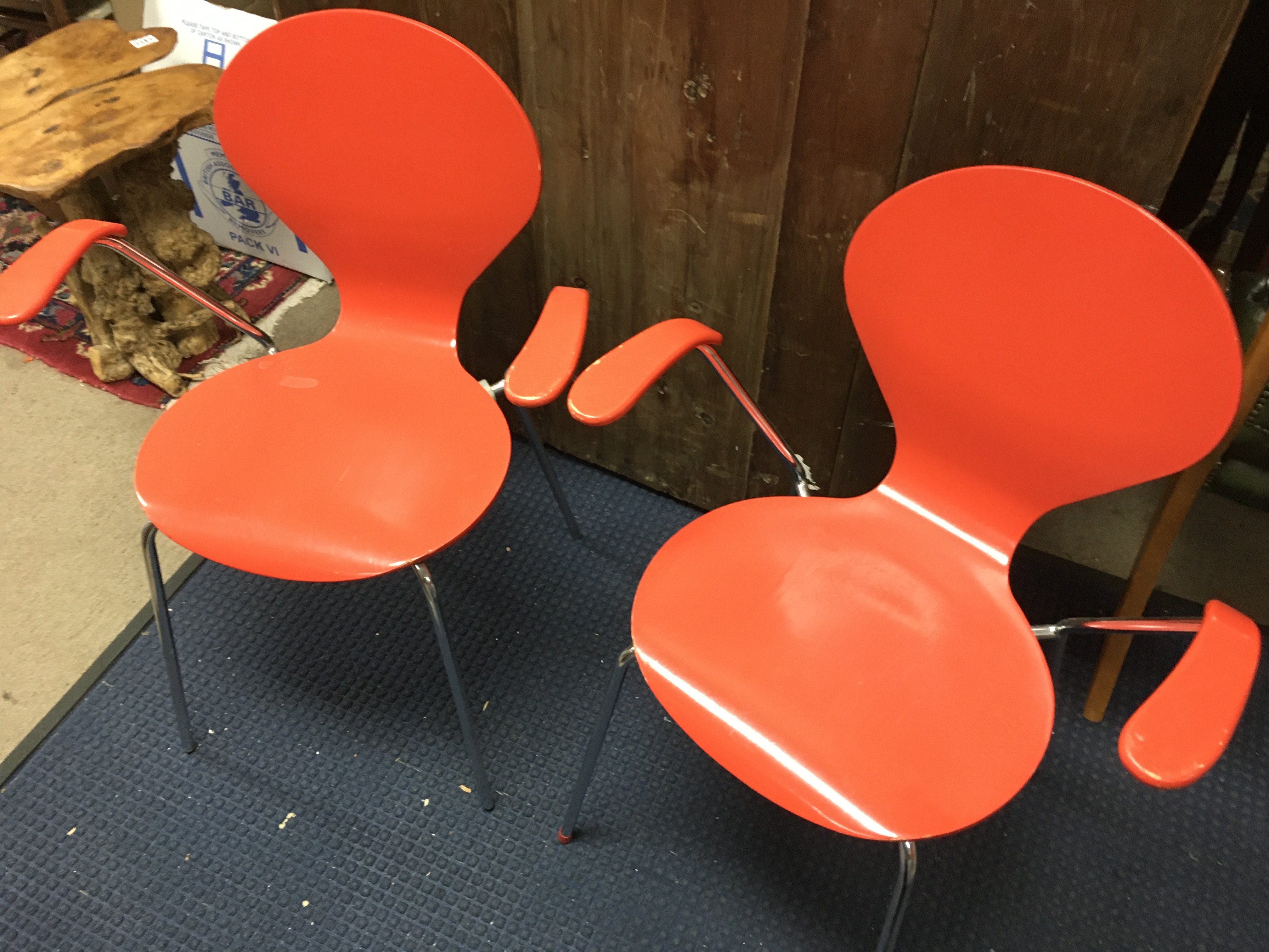 Four Danish design chairs. Red lacquered and chrome design 84cm tall 63cm wide. NO RESERVE