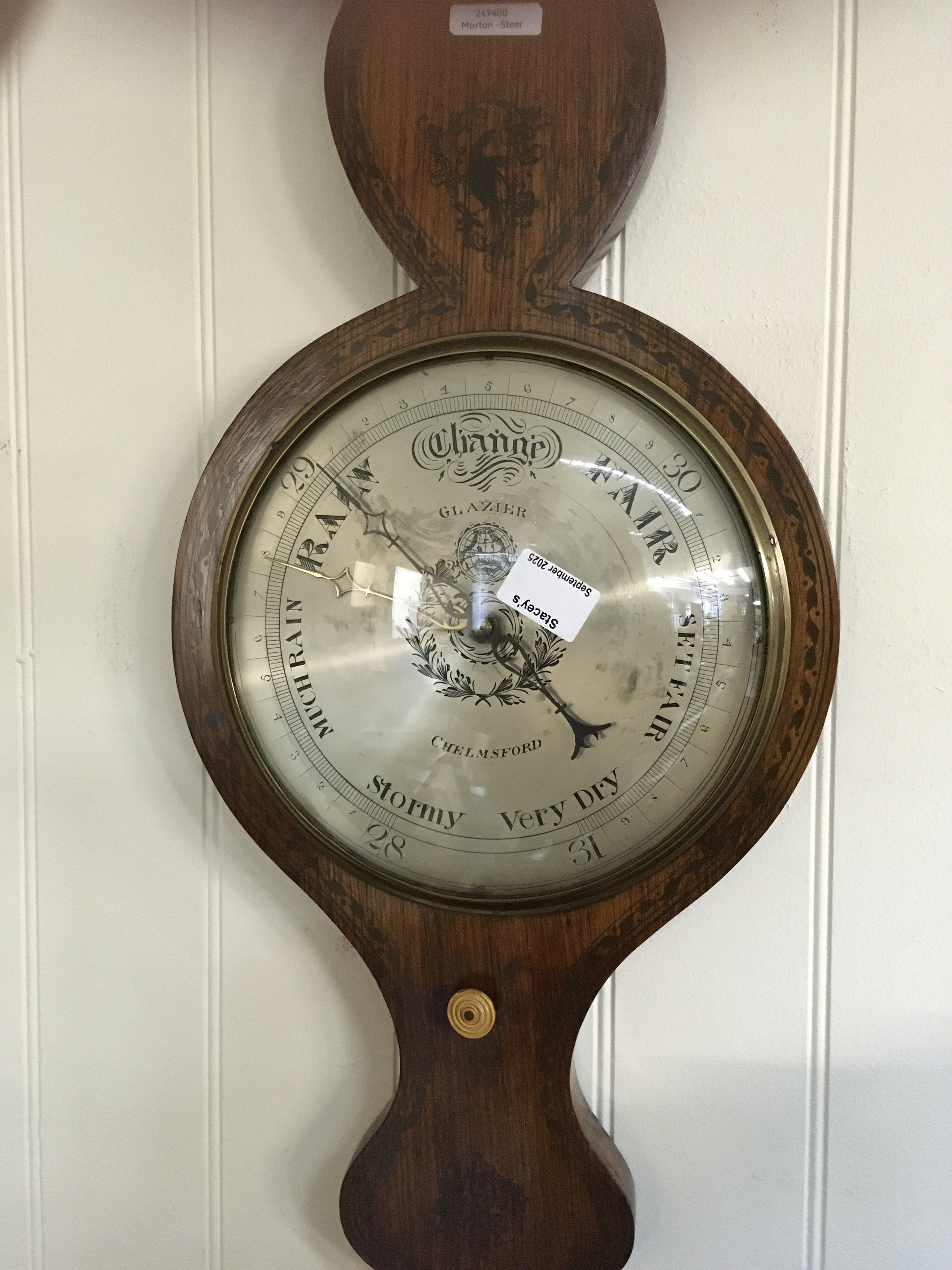 A Victorian rosewood barometer with brass inlay, with silver dial. Maker -Glazier Chelmsford. NO RESERVE